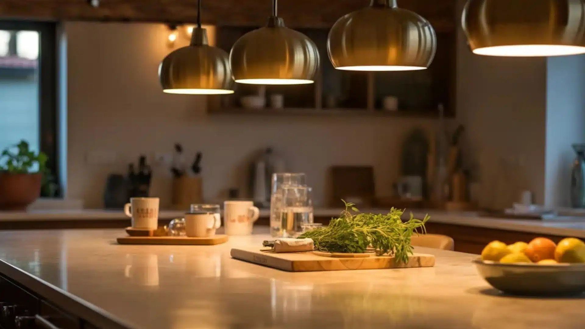 Fruit bowl on a marble island with gold dome pendant lights and a matching faucet reflecting in the polished countertop (1)