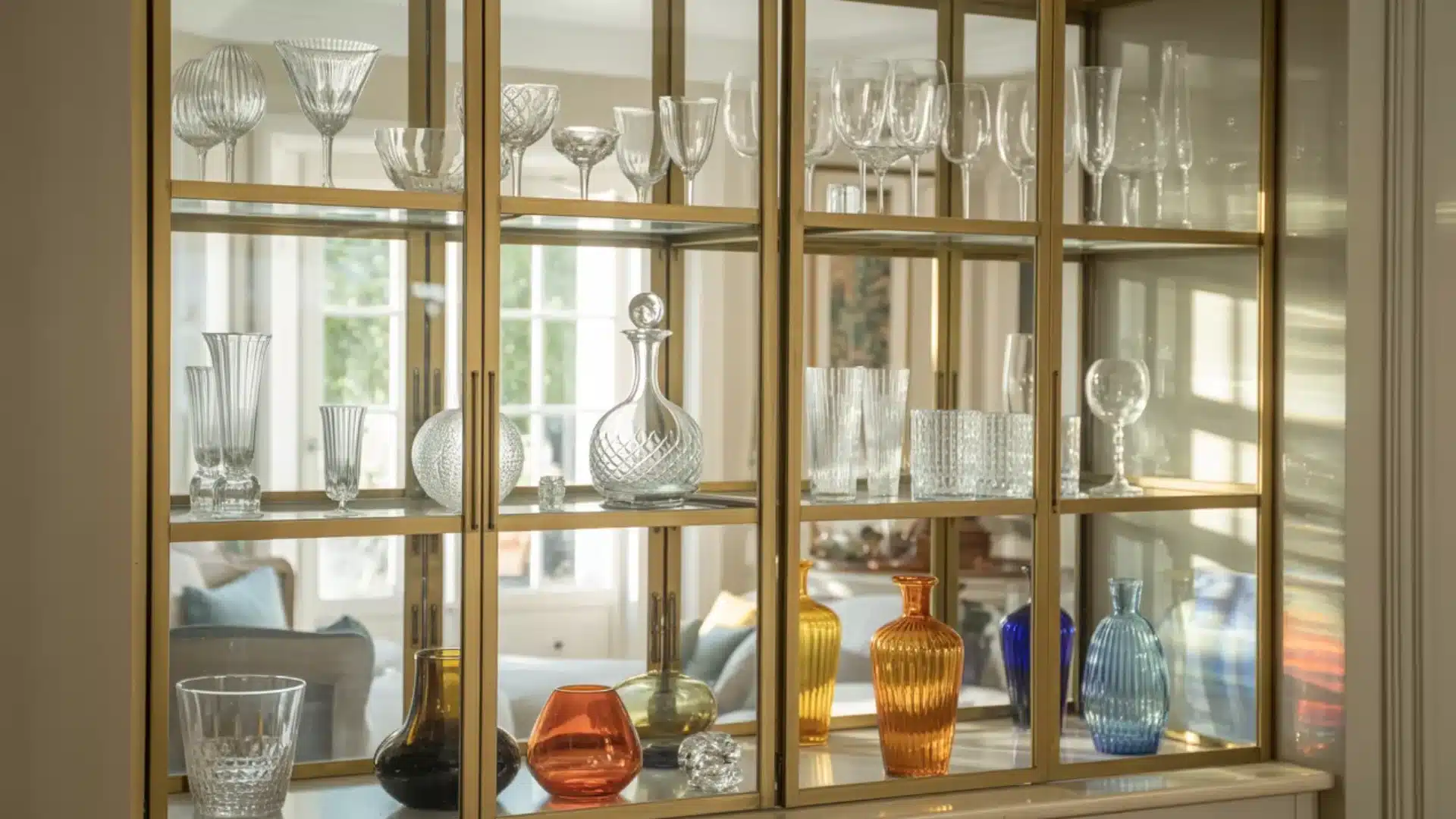 Gold frame glass cabinet filled with crystal stemware and colorful vases sitting on shelves in a bright living room area