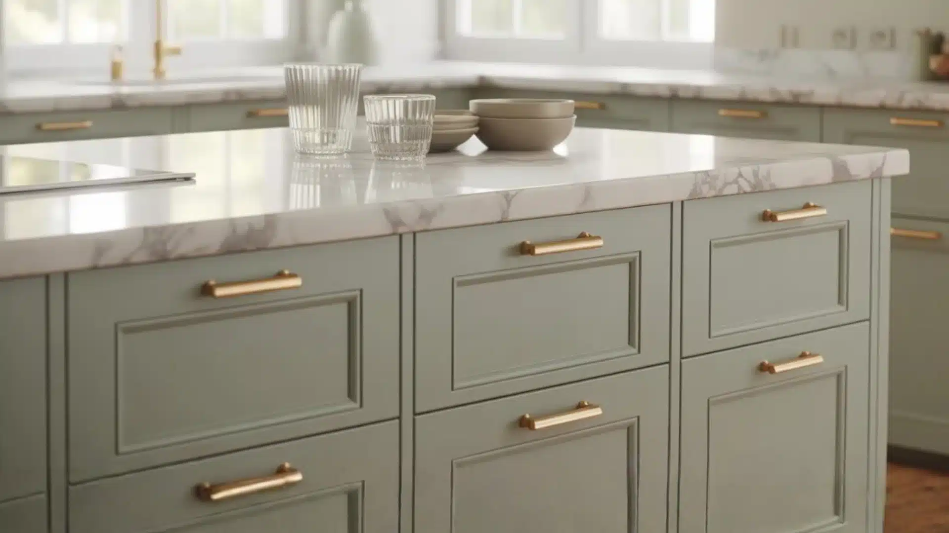 Green kitchen cabinets with golden handles below a marble backsplash featuring a gas stove and wooden boards (1)
