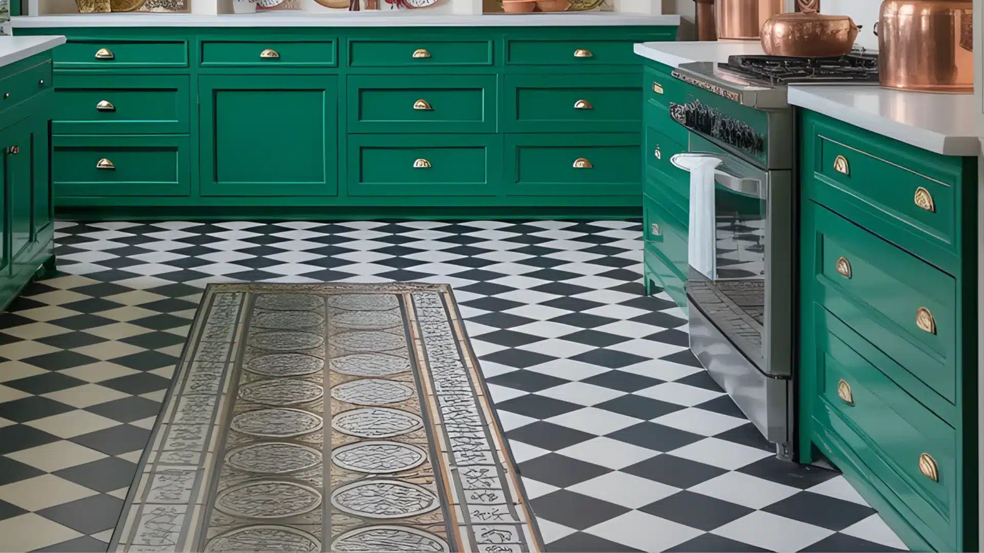 Green kitchen with emerald cabinets copper pots white upper shelves and checkered floors with a decorative center rug