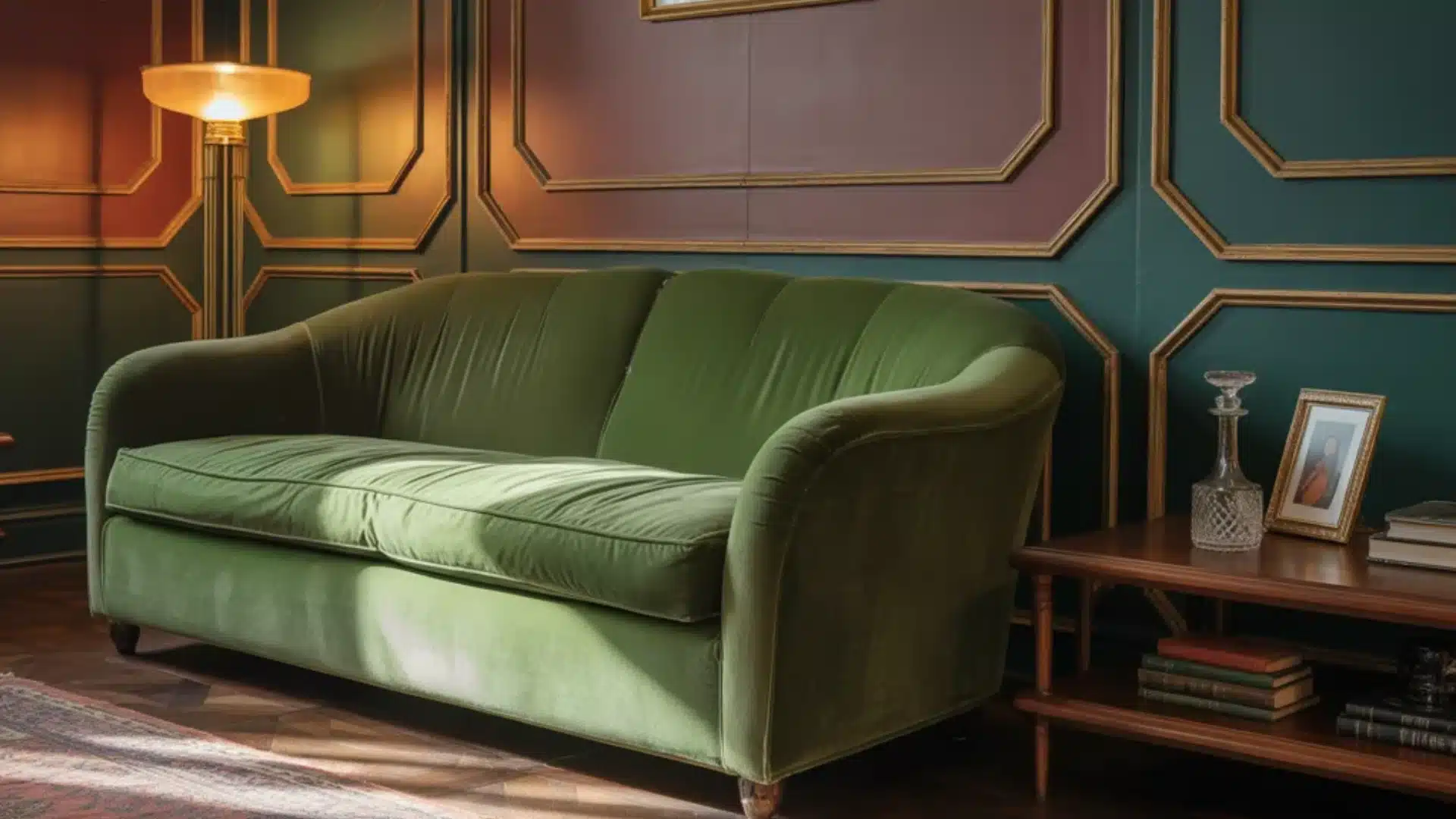 Green velvet couch in a room with paneled teal and red walls a patterned rug on a wood floor and a glowing floor lamp sun