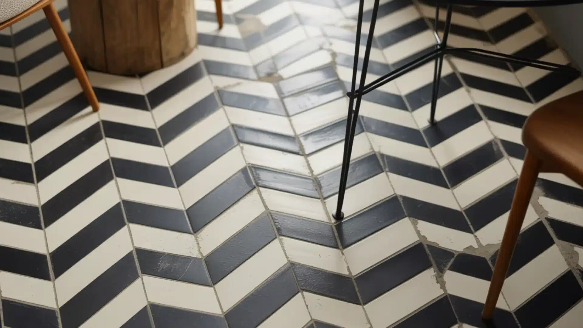 High angle view of black and white chevron tiled floor with thin legs of chairs and a small round table in soft lighting (2)
