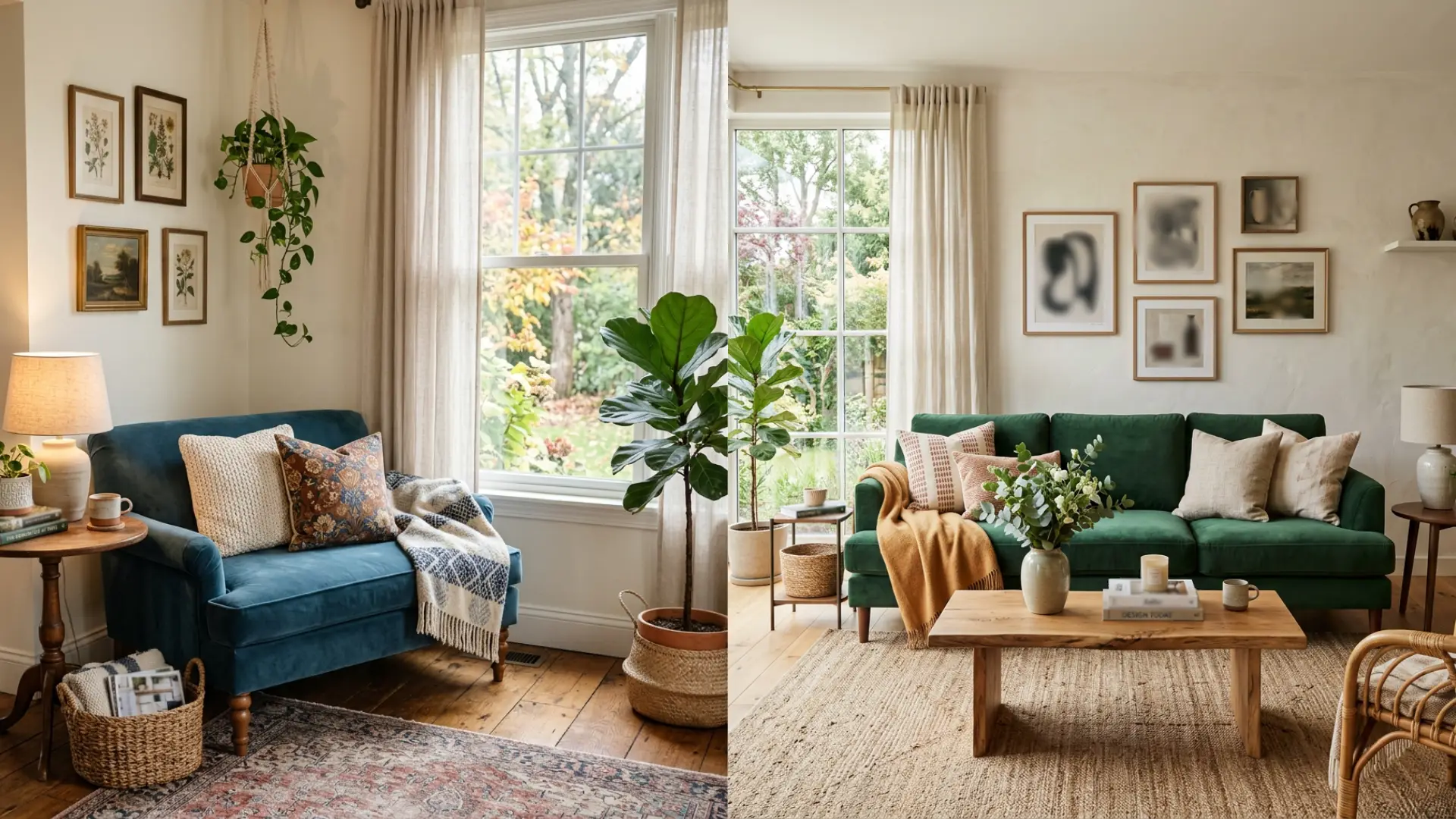 Image showcasing two cozy living room vignettes, one featuring a teal velvet armchair and the other a green velvet sofa, both illuminated by large windows overlooking greenery