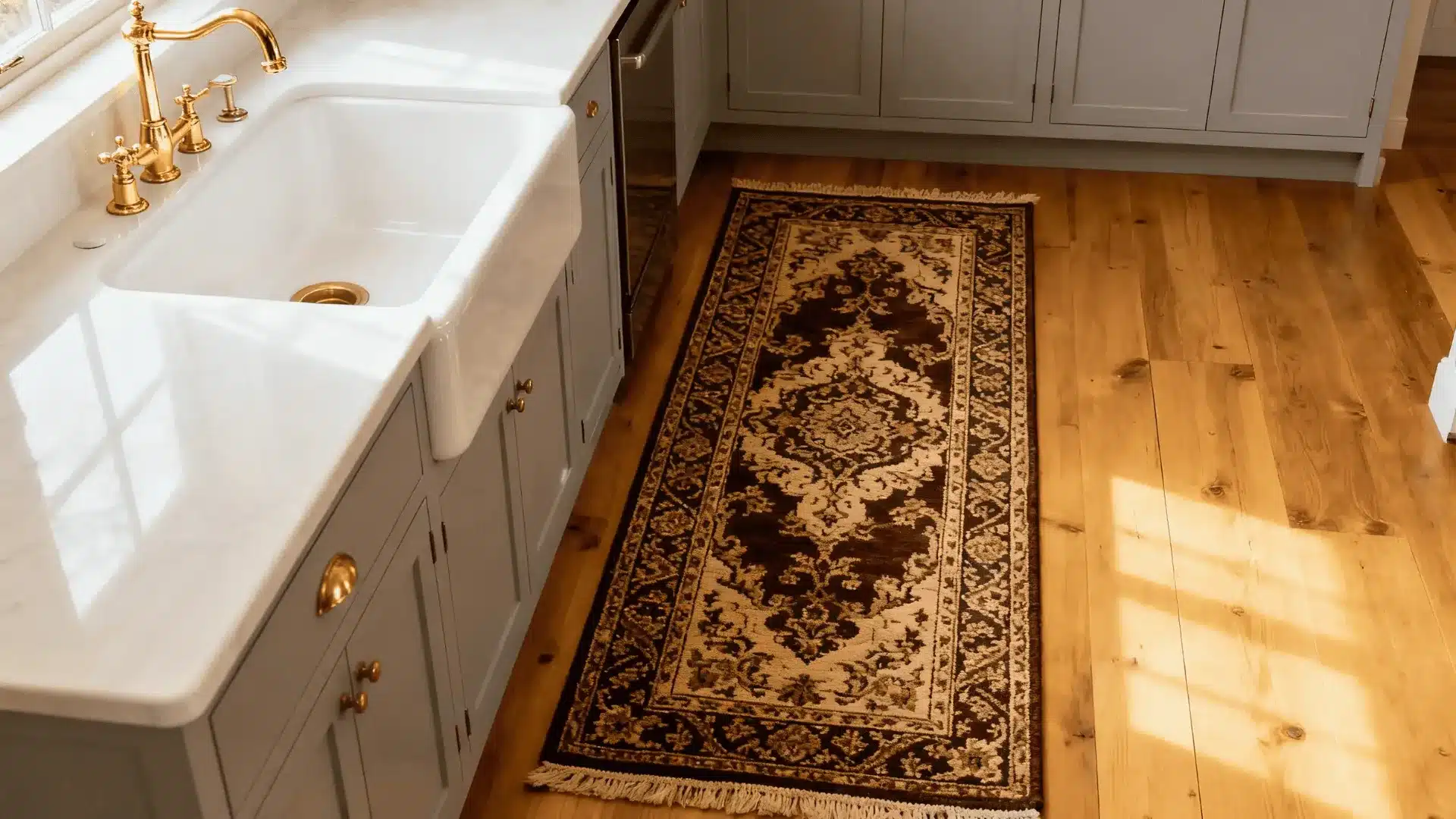 Kitchen area featuring a white farmhouse sink with gold fixtures, gray cabinets, light wood flooring, and a dark brown and tan patterned runner rug.