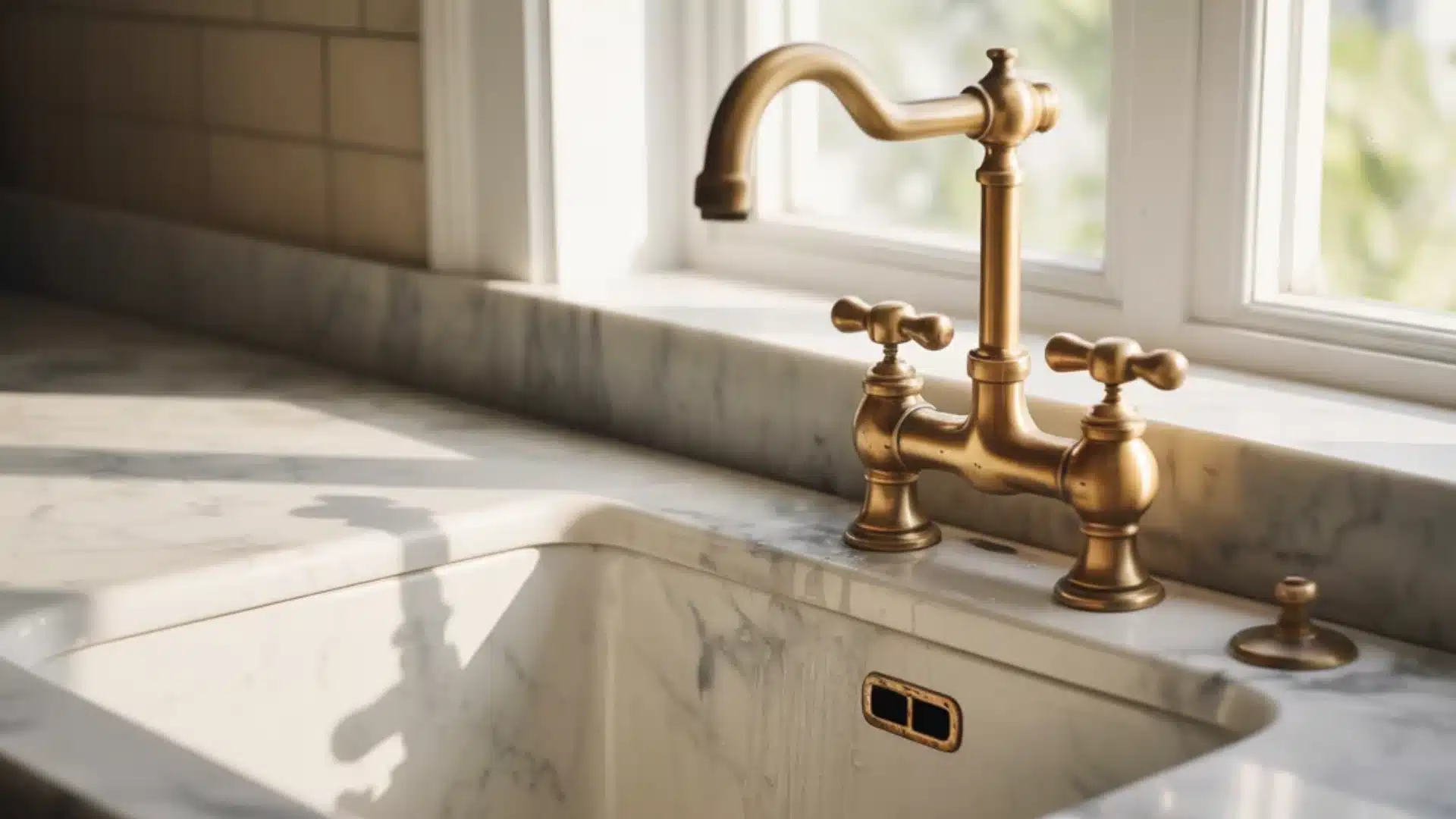 Large green cabinet with brass pulls near a wooden counter holding bread and a silver pot in a sunlit farmhouse kitchen