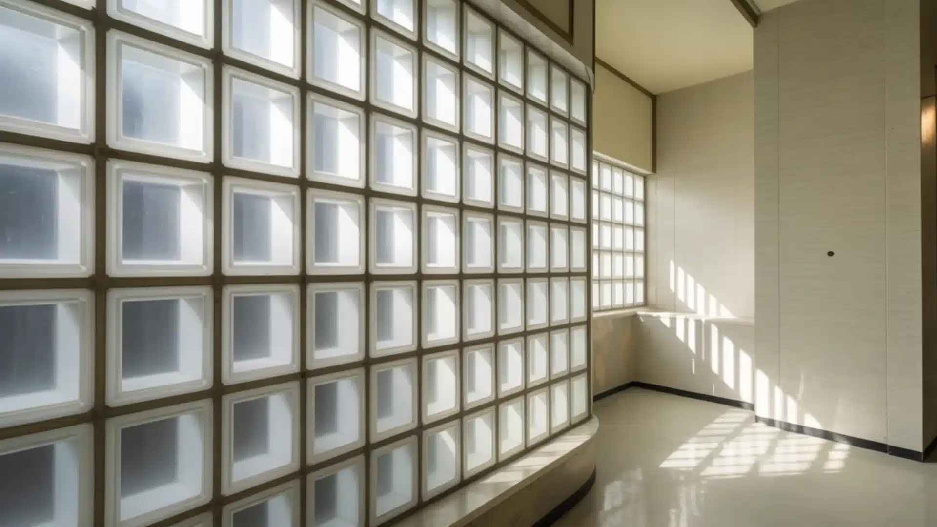 Large grid wall of frosted glass blocks casts shadows on a clean white floor in a hall with neutral tones and bright sun