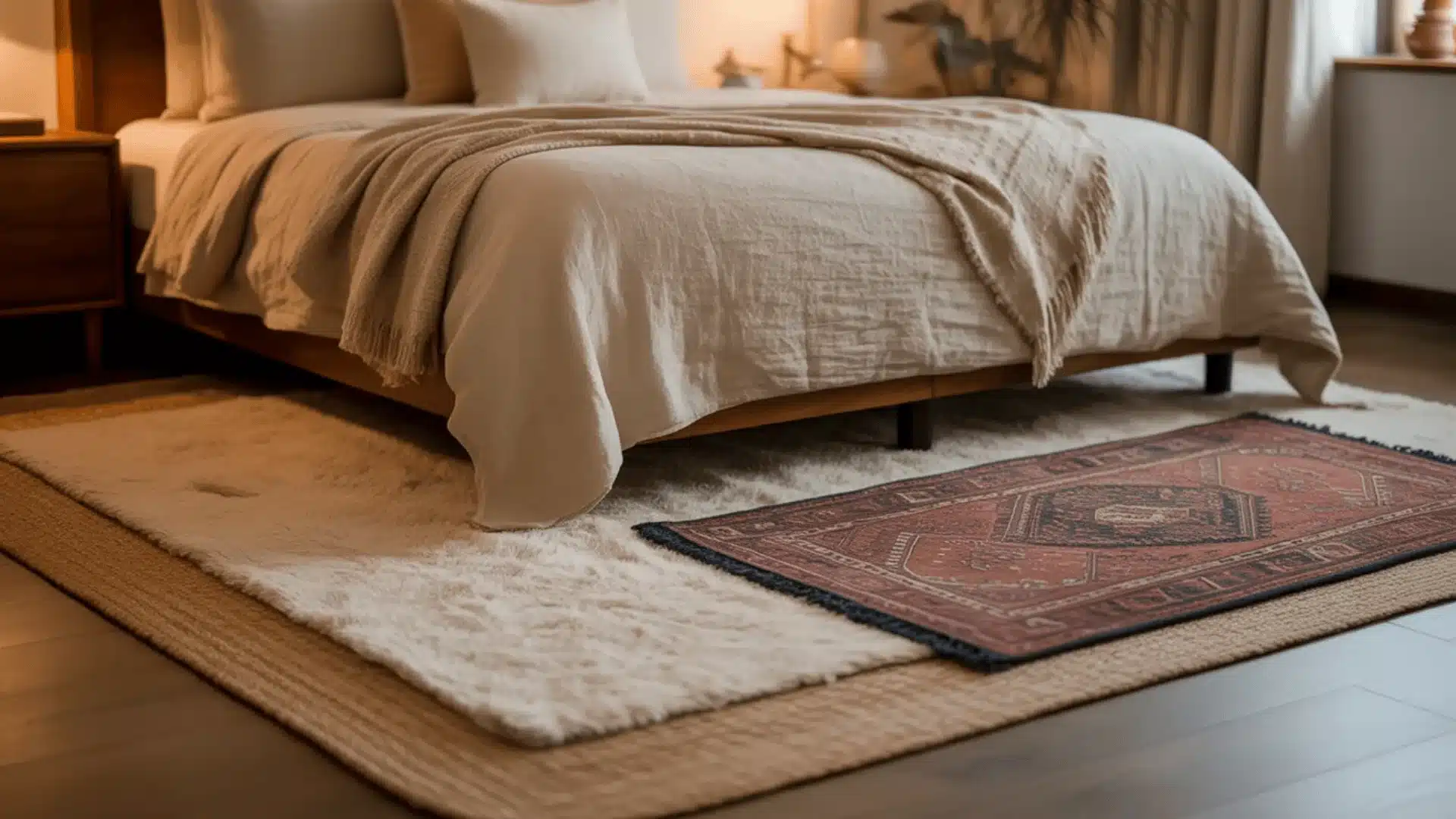 Layered rugs under bed with neutral base and patterned top rug, warm lighting, cozy bedroom setup