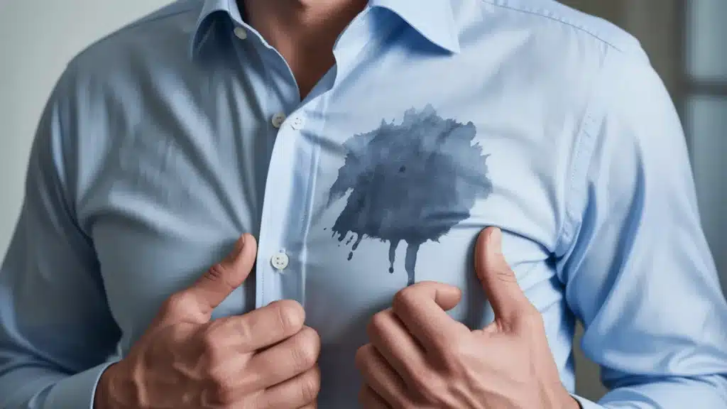 light blue shirt with large dark ink stain on chest, hands holding fabric near buttons, close-up view