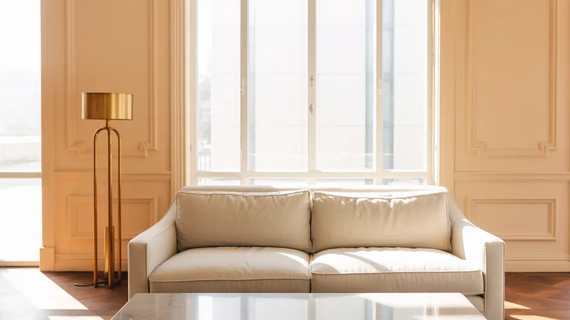 Light cream sofa in front of a large window with a gold floor lamp and paneled walls over a dark wood parquet floor sun