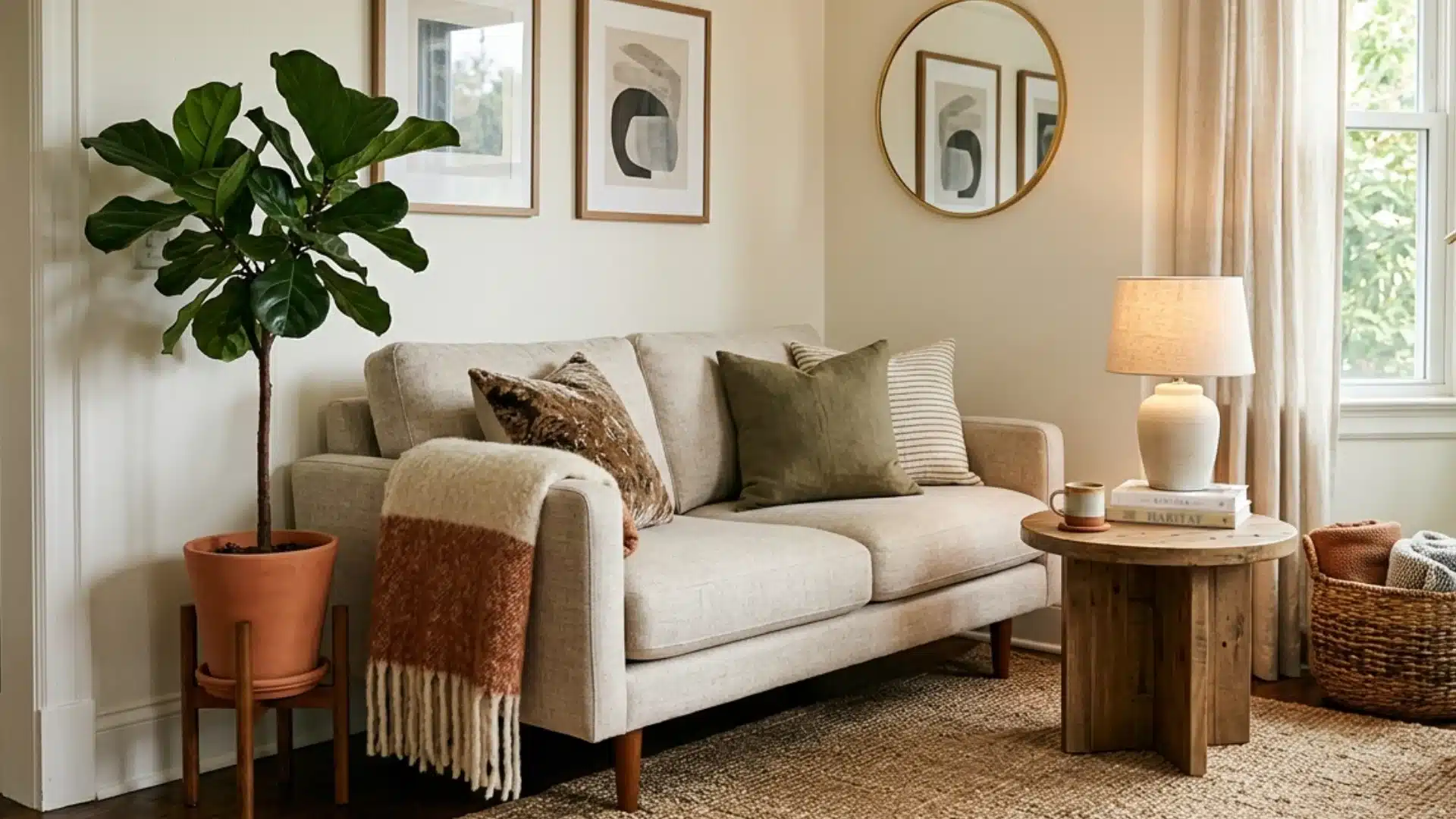 Living room with a beige sofa with olive and textured pillows, a side table with a ceramic lamp, and a tall with fig plant next to framed abstract art and a round mirror