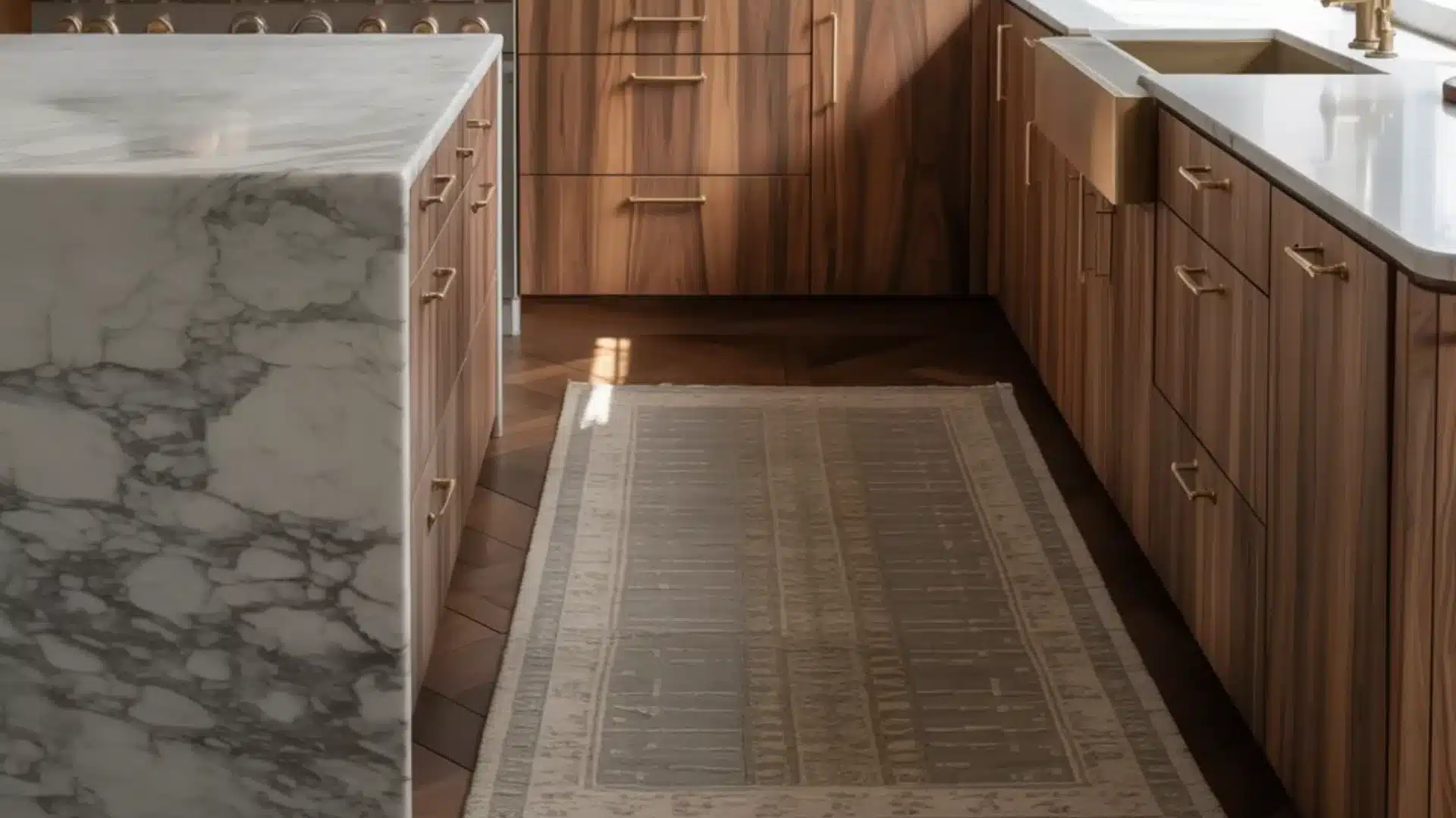 Marble waterfall island and wood cabinets with gold hardware in a kitchen featuring a neutral rug on dark parquet floors