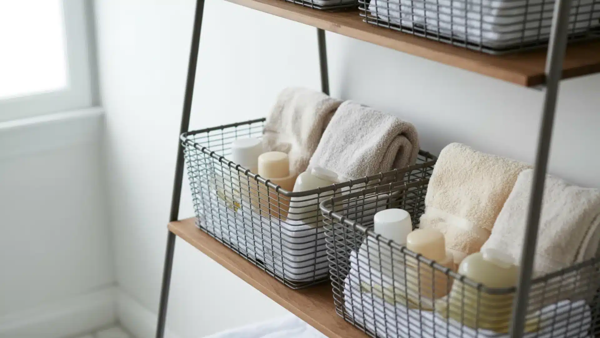 Metal wire baskets sit on wooden ladder shelves holding tan folded towels and small beige bottles in a bright bathroom
