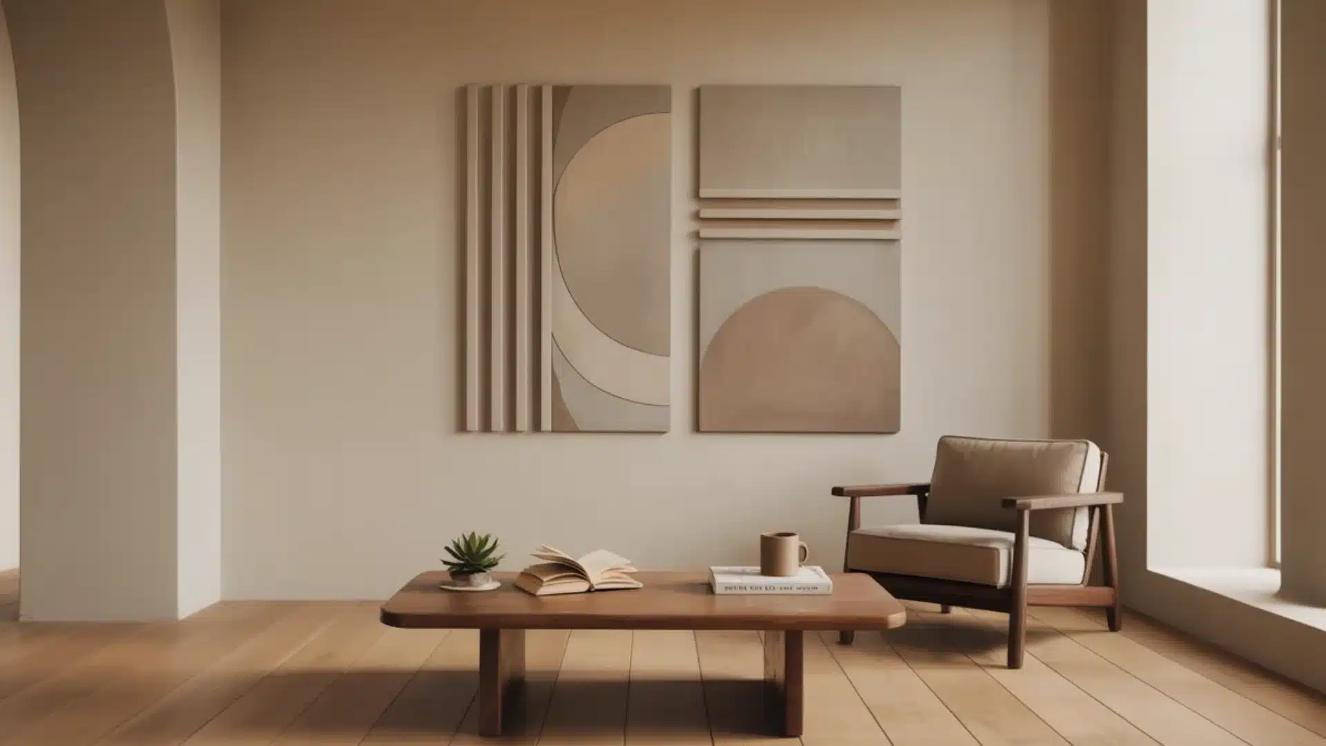 Minimalist room with abstract wall art and mid century chair beside a wood coffee table on a light oak floor with light