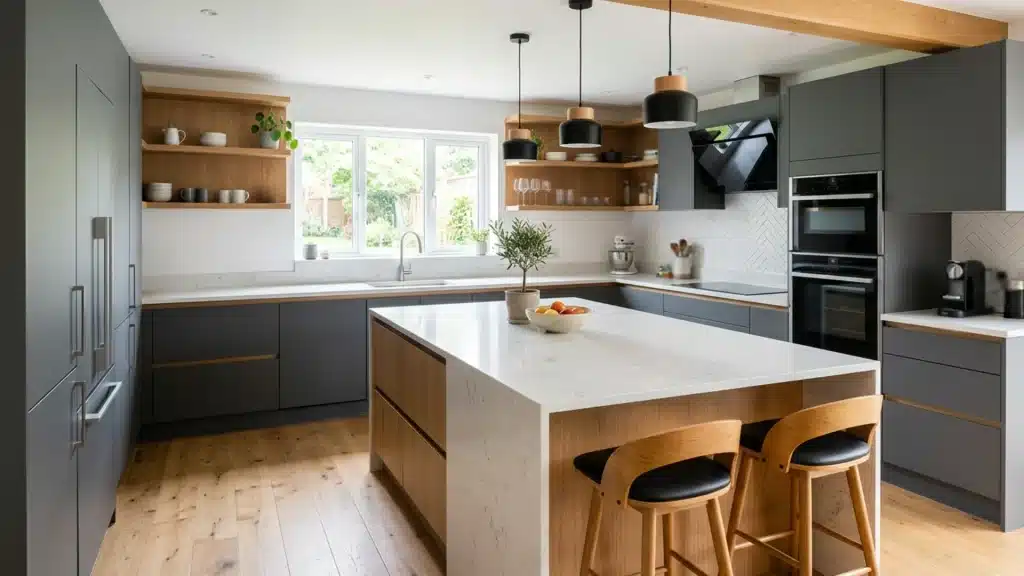 Modern kitchen featuring dark gray cabinetry, light wood accents on the island and open shelving, white marble countertops, and light oak flooring