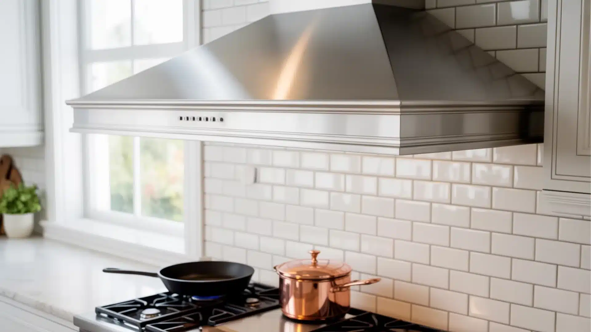 Modern kitchen with cream cabinets a stainless steel stove and hood plus white marble counters in soft morning light