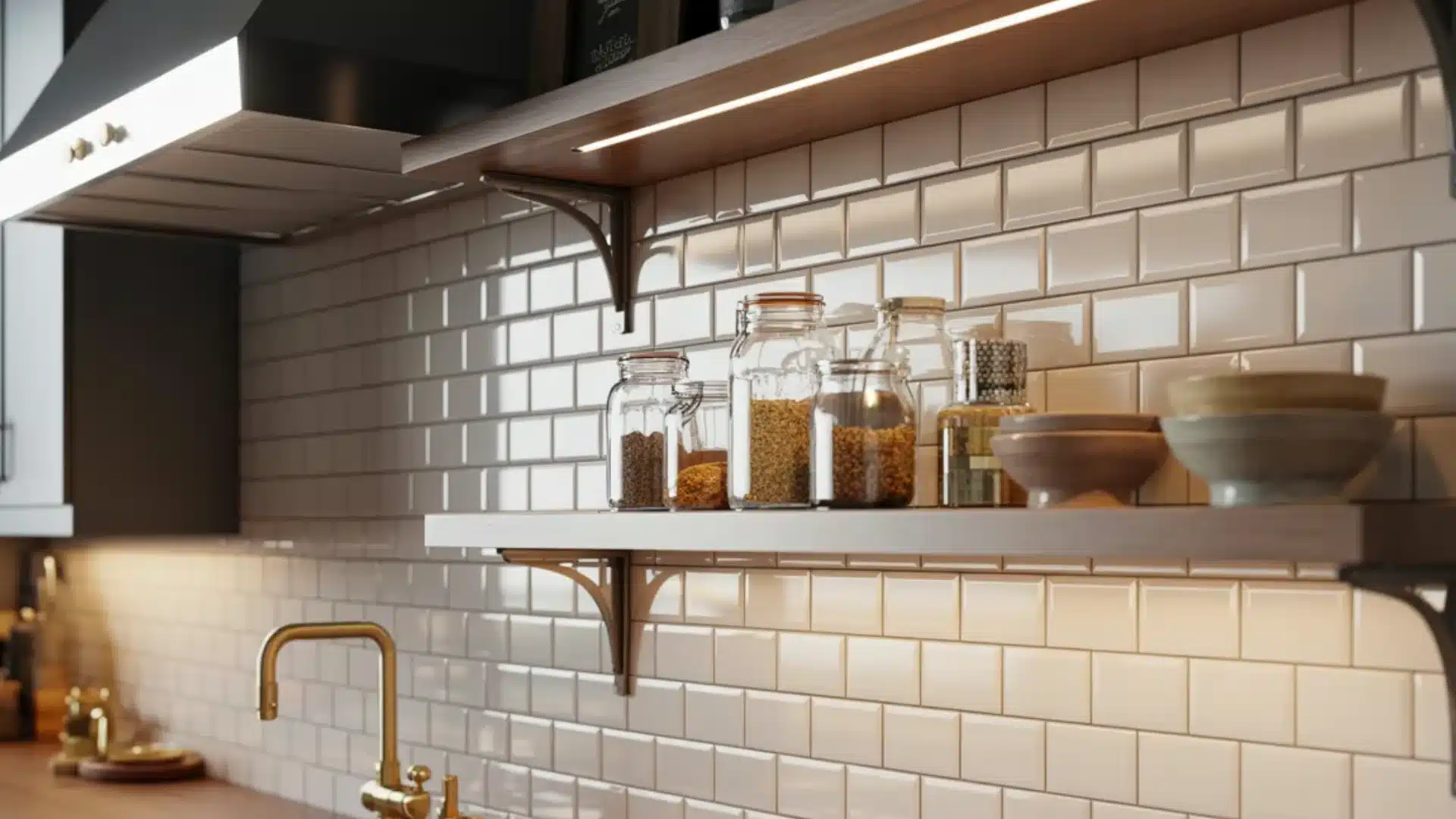 Modern kitchen with white subway tile and dark cabinets featuring wooden floating shelves with glass jars and gold faucet