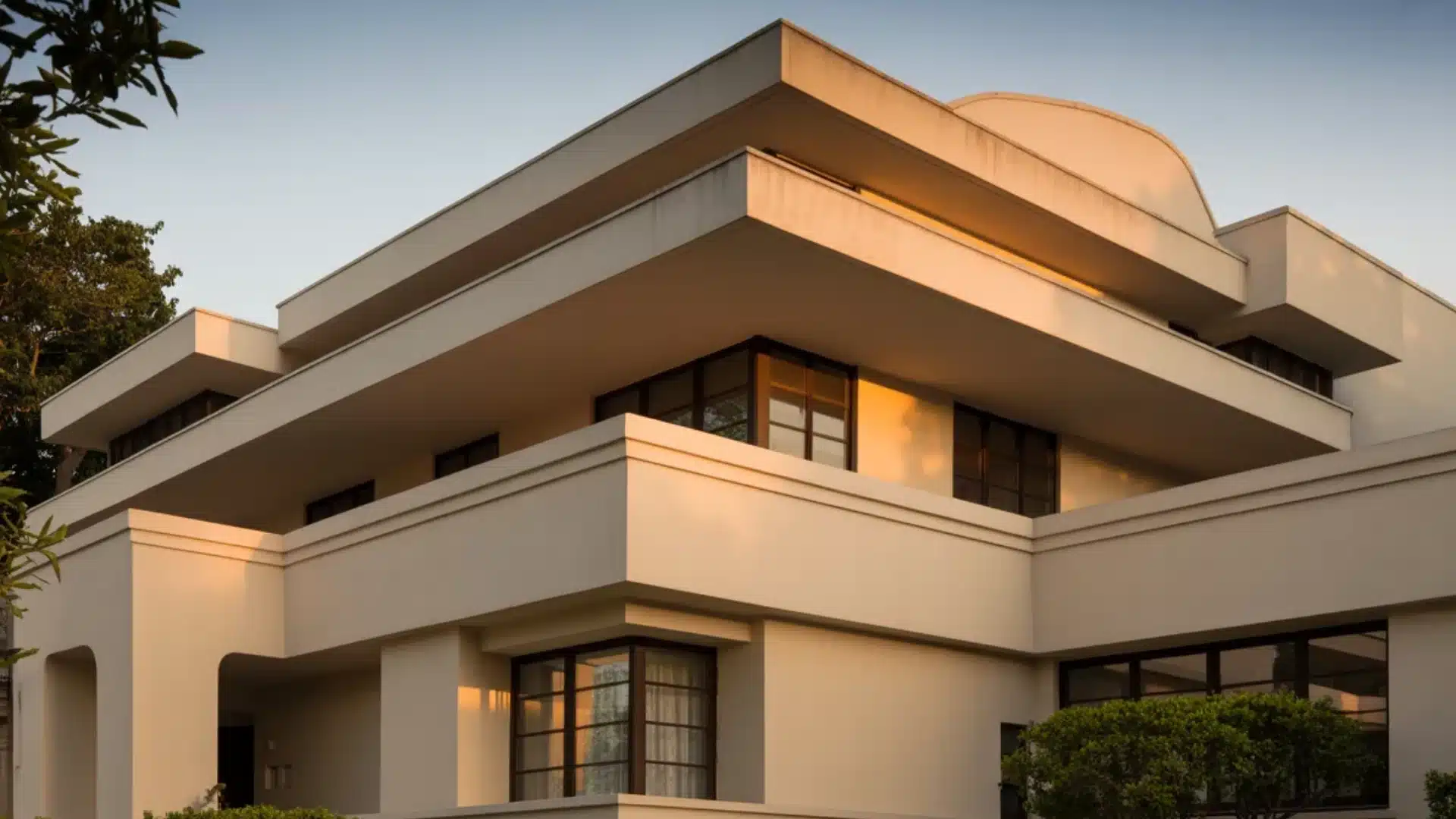 Modern multilevel tan house with flat roofs and many dark windows seen at sunset next to green trees and leafy bushes sun