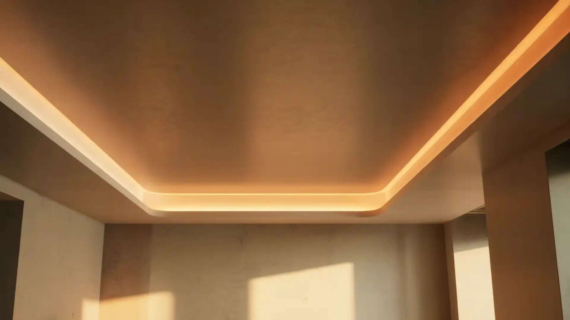 Modern recessed ceiling with warm hidden glow lighting over a textured beige wall with soft shadows from nearby windows