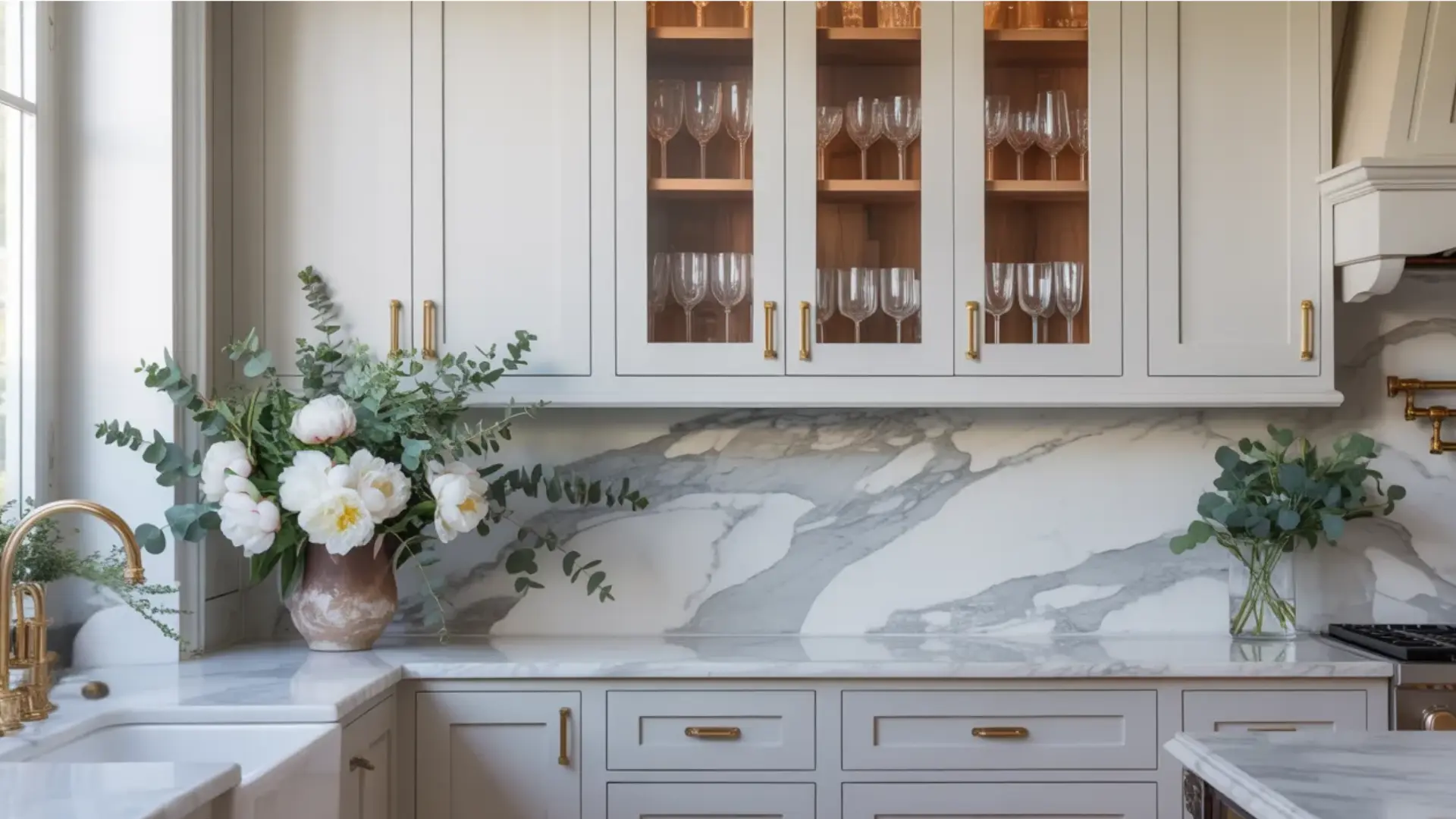 Modern white kitchen featuring wooden countertops a large stainless steel farmhouse sink and bright window view of trees