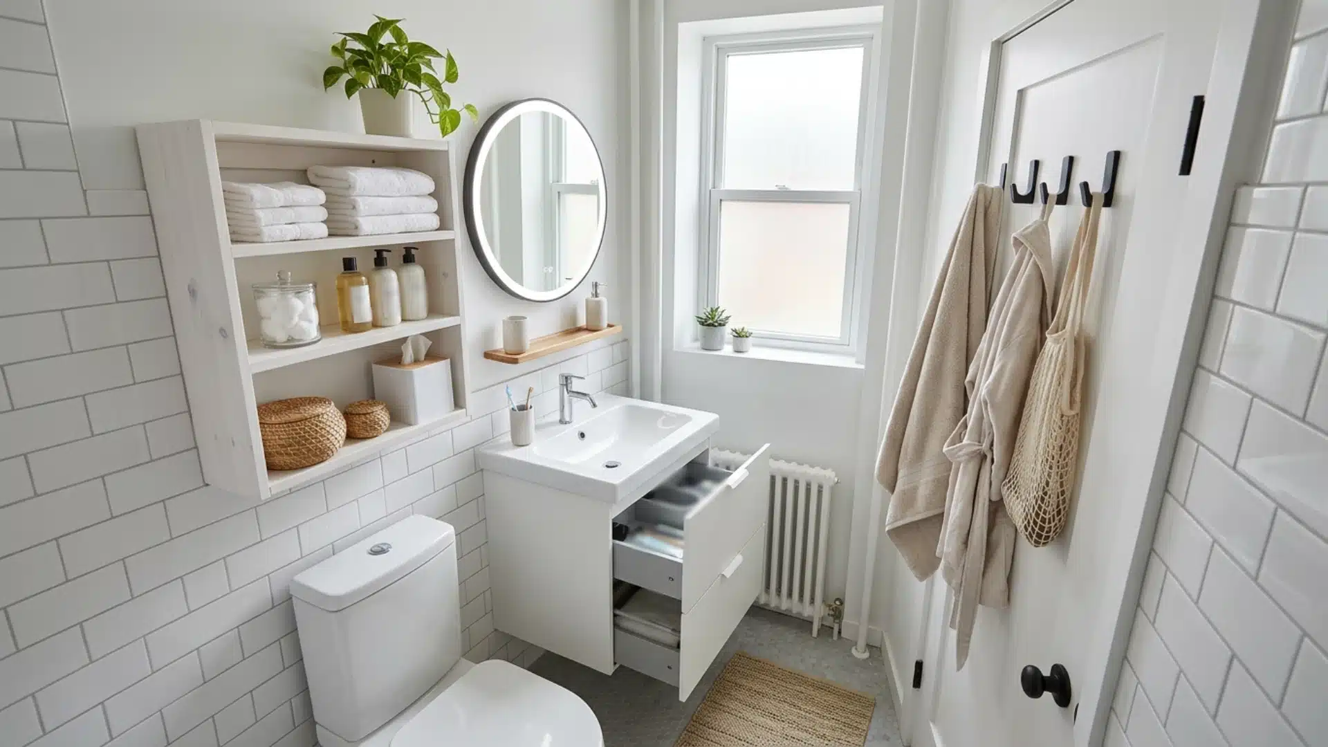 Modern white tile bathroom featuring a floating vanity with an open drawer, round lighted mirror, open shelving with towels and accessories