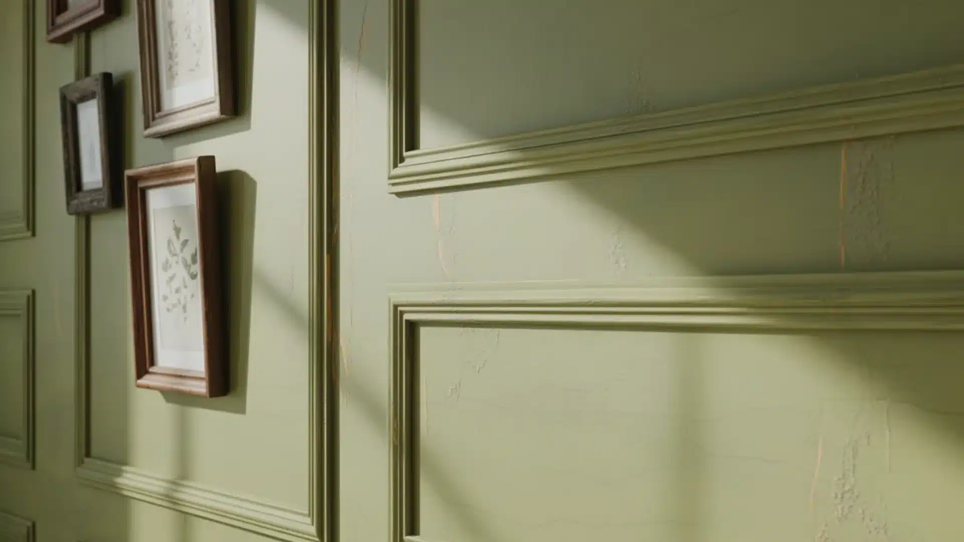 Olive green wall with rectangular molding and four small framed pictures hanging on the left side under bright sunlight