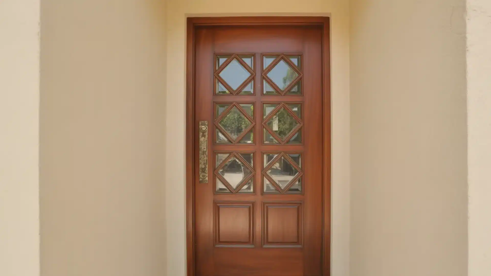 Polished wood front door with diamond glass panes and a brass handle set in a cream alcove with tan tile floor and walls