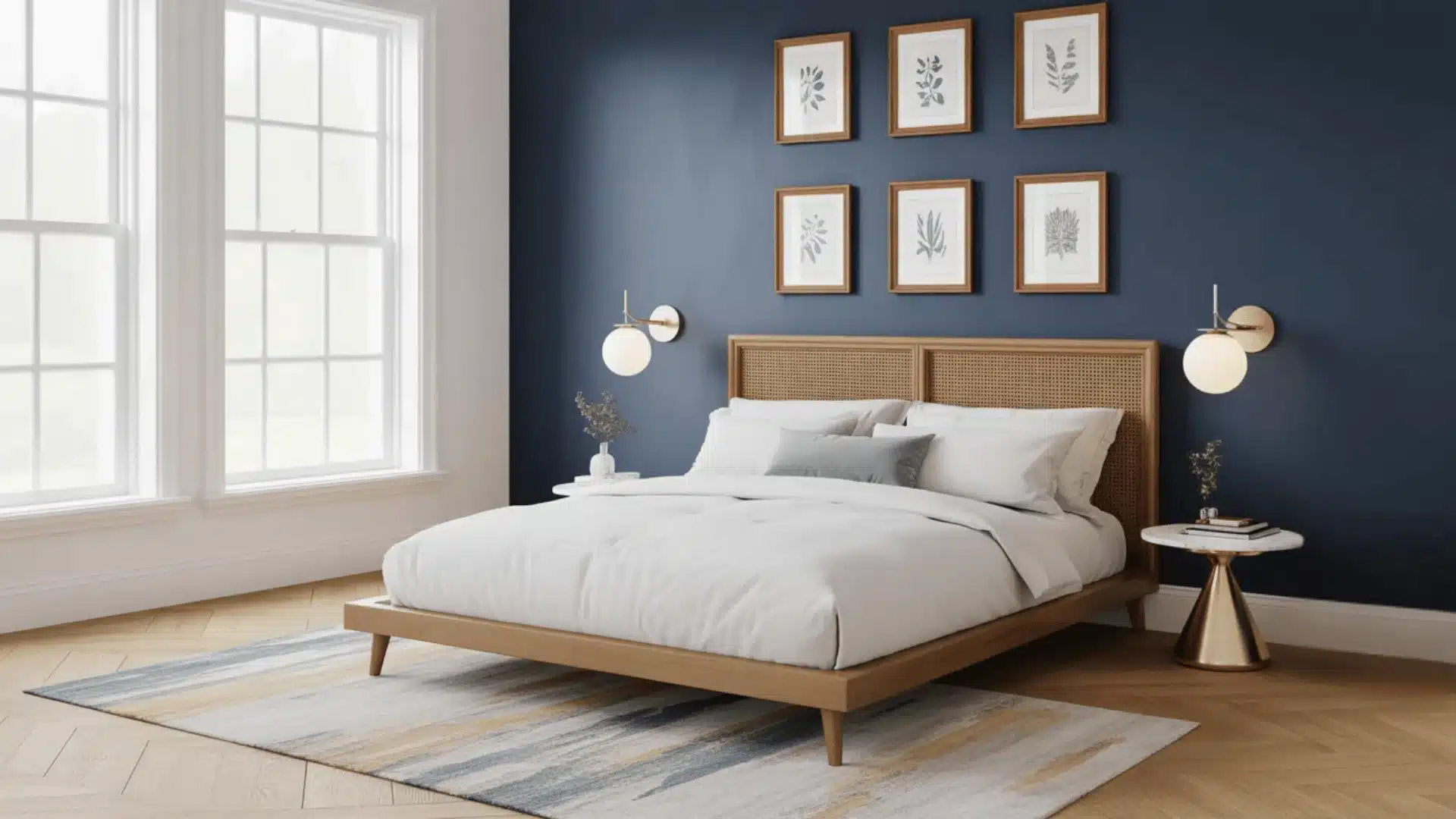 Queen bed on large rug with blue accent wall, framed art, wooden furniture, bright window light