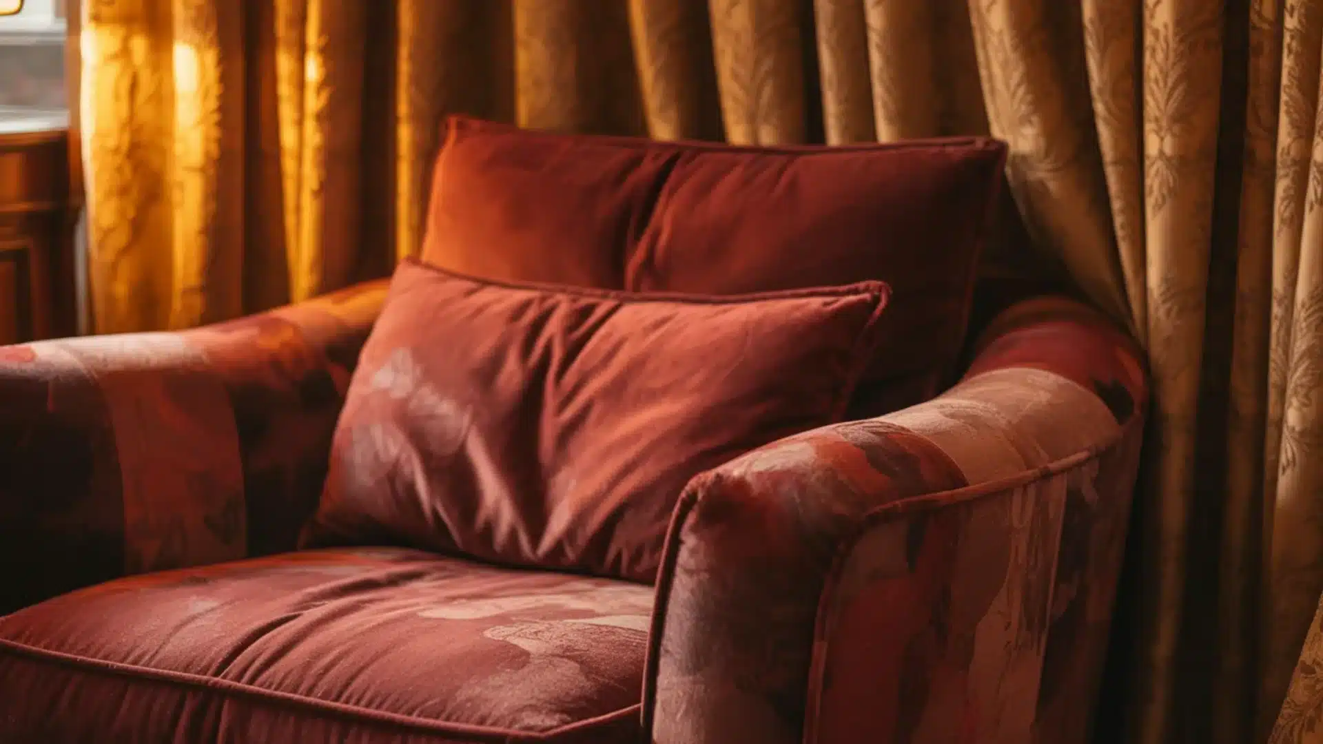 Red armchair with two large pillows placed in front of gold curtains with warm light shining from the left of the frame (2)