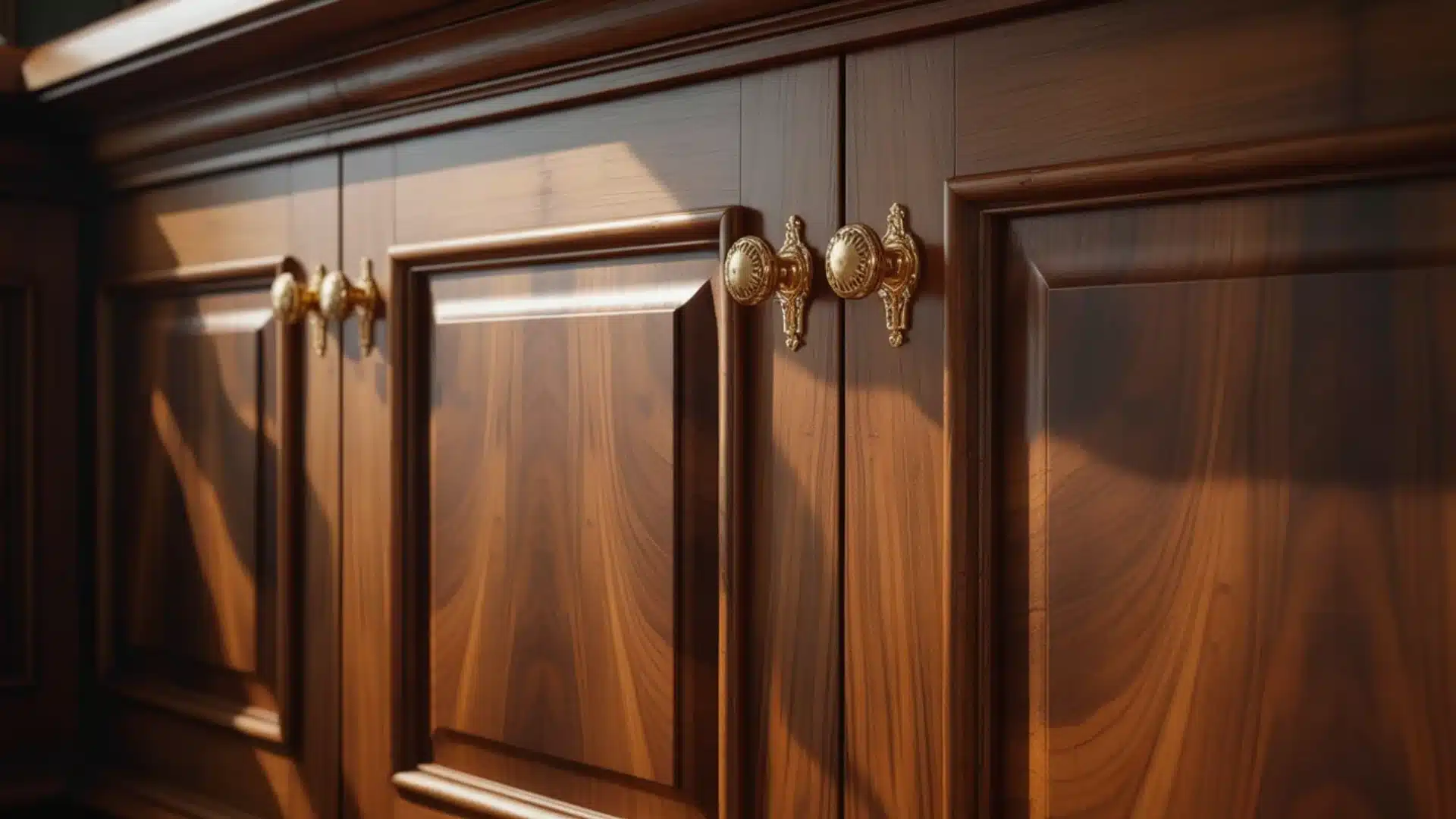 Rich brown wood cabinets with golden round knobs and deep grain patterns glowing under warm sunlight in a luxury kitchen