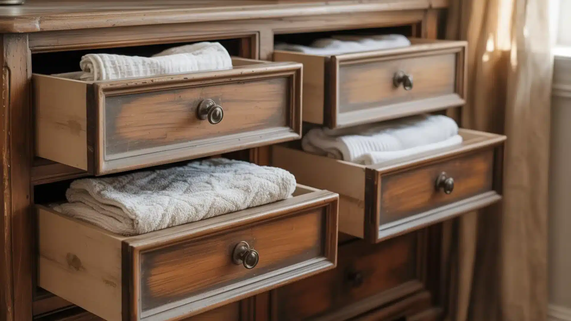 Rustic wooden dresser with open drawers revealing neatly folded white towels in a bedroom with soft light from a window