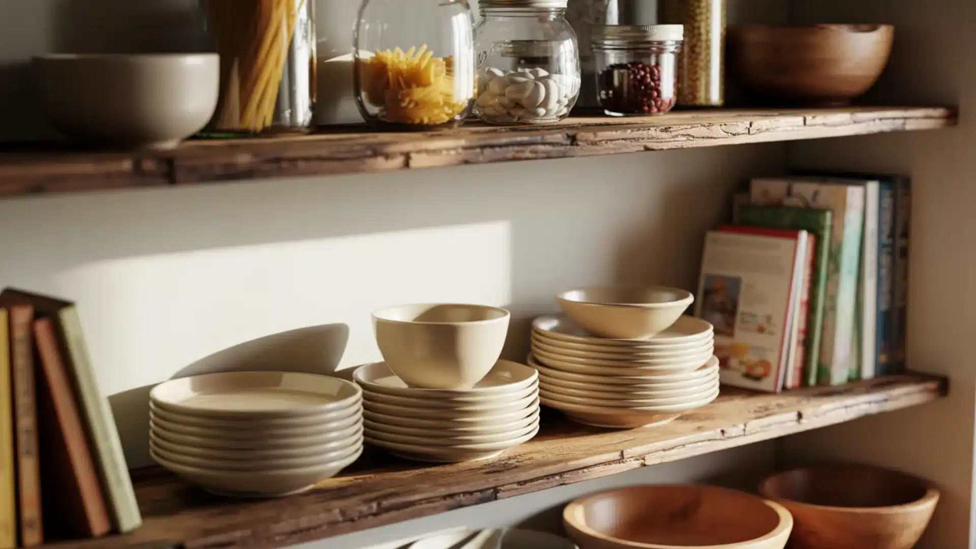 Rustic wooden shelves holding stacks of cream plates and bowls near glass jars of pasta and beans in a sunlit pantry area