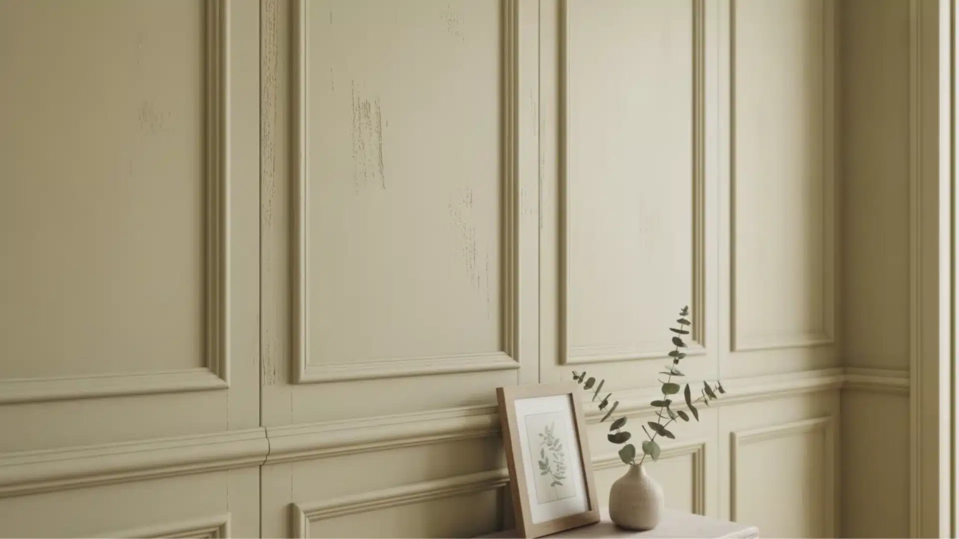 Sage green wood wall molding panels with a framed botanical print and small eucalyptus sprig in a vase on a side table