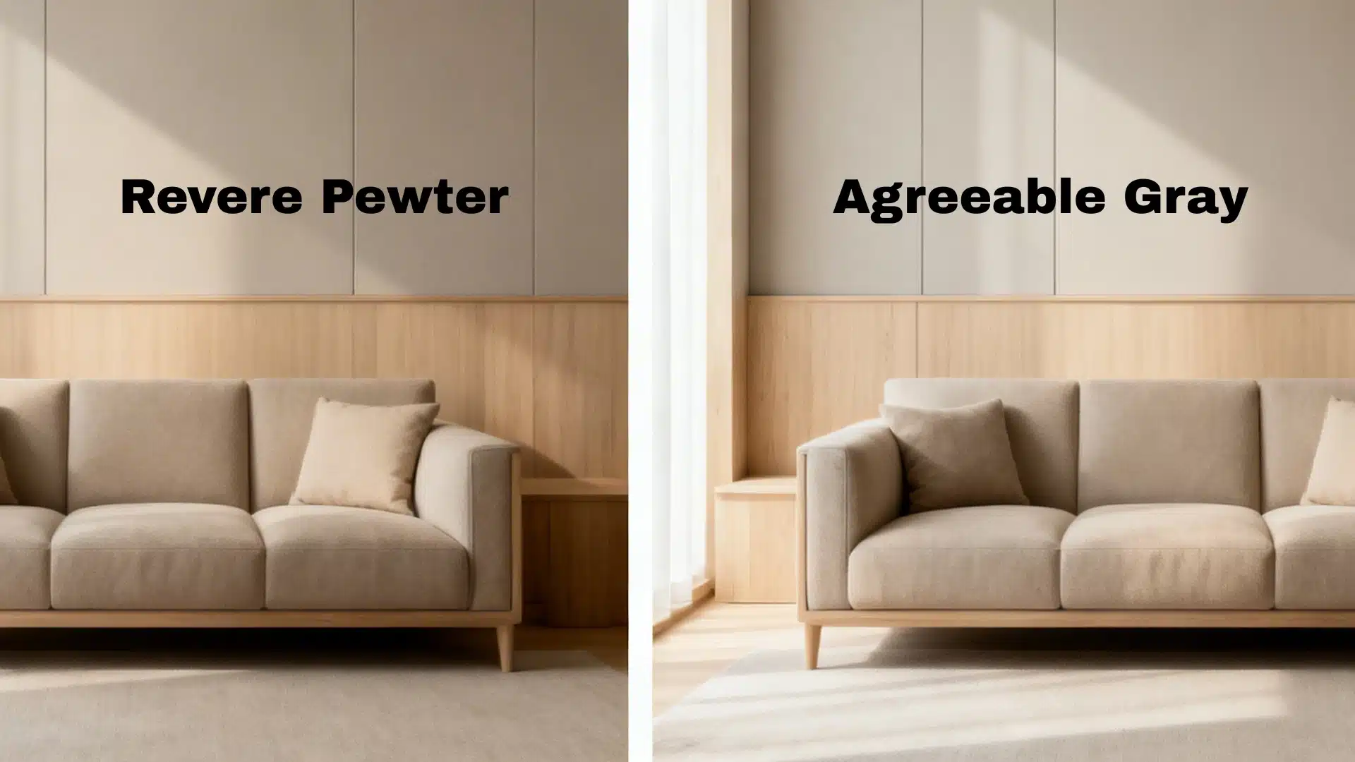 Side-by-side comparison demonstrating paint colors Revere Pewter and Agreeable Gray on living room walls above light wood paneling and a beige sofa. (1)