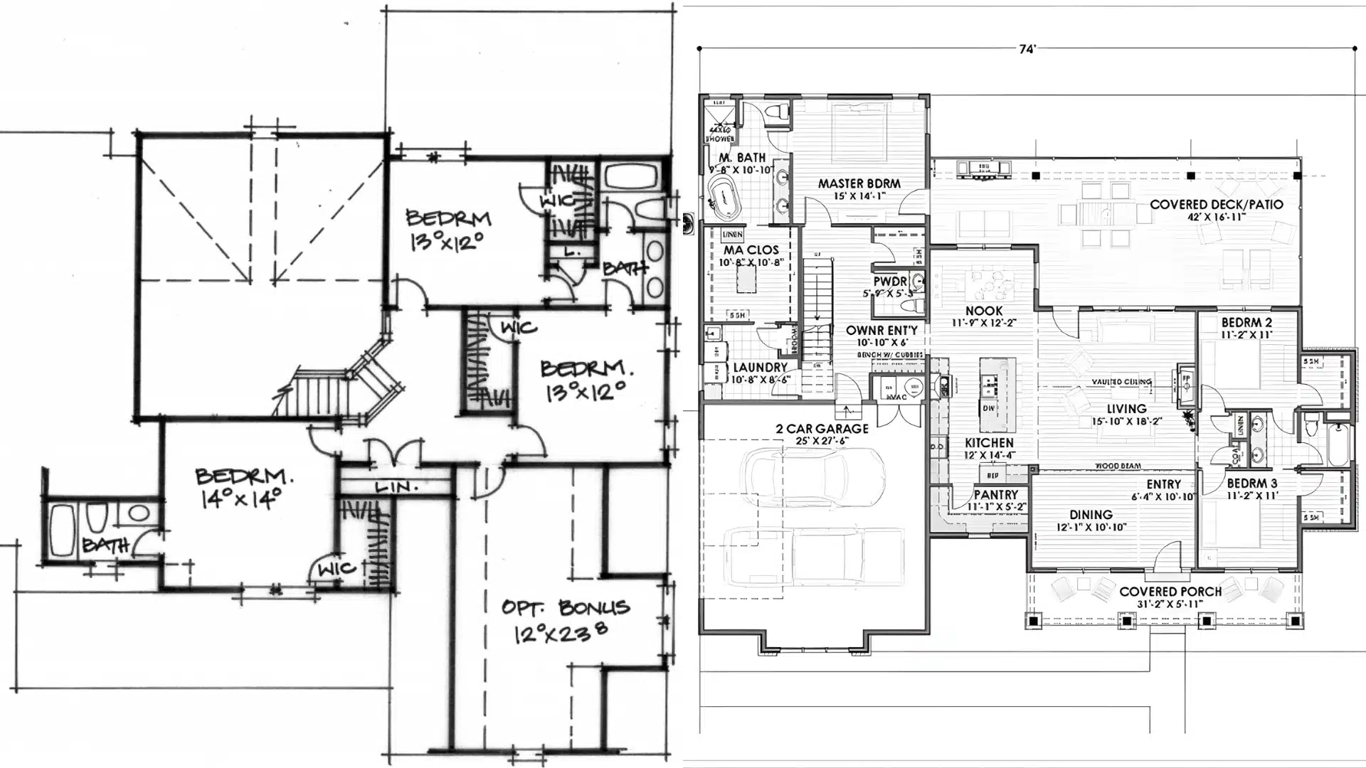 Side-by-side comparison of two residential floor plans, one featuring a hand-drawn sketch of an upper level and the other a detailed blueprint of a main level with a garage and deck