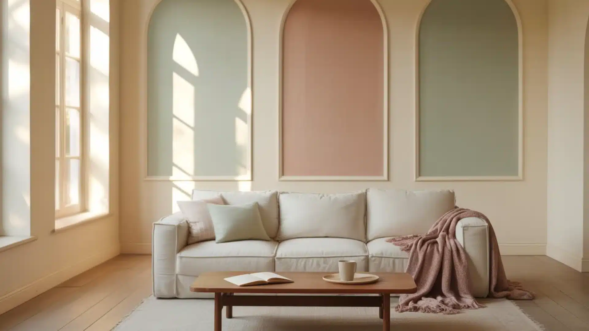 Small round wood table holds a white pitcher and matching bowl sitting on a light beige rug in a room with bright light
