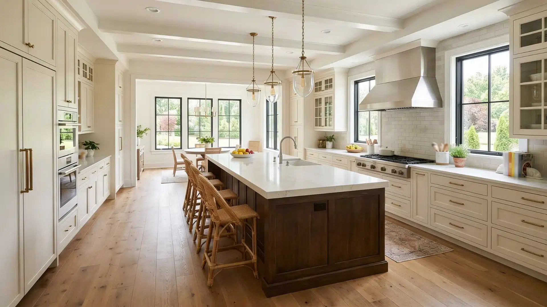 Spacious, bright farmhouse kitchen featuring white cabinetry, a dark wood island with a white countertop, and light wood flooring