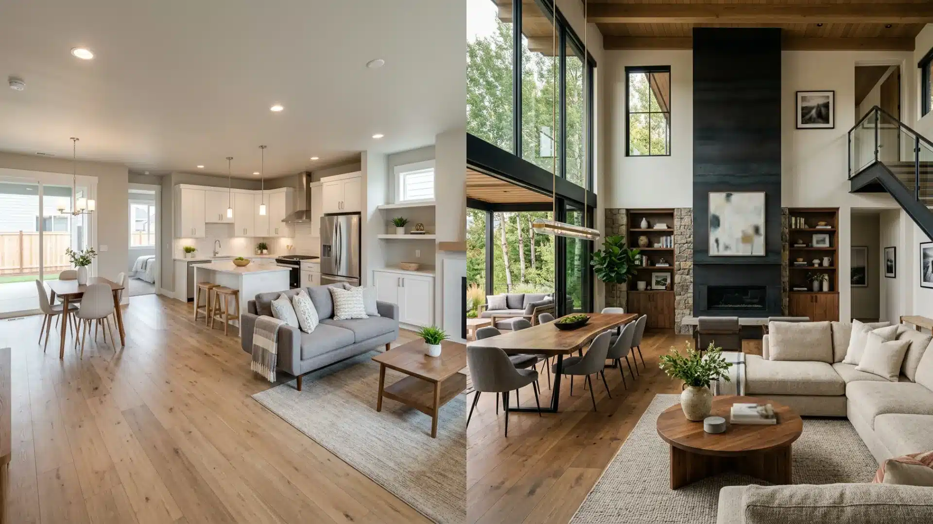 Split image contrasting a modern open-plan kitchen and living area with a separate, dramatic two-story living room featuring a large fireplace and windows