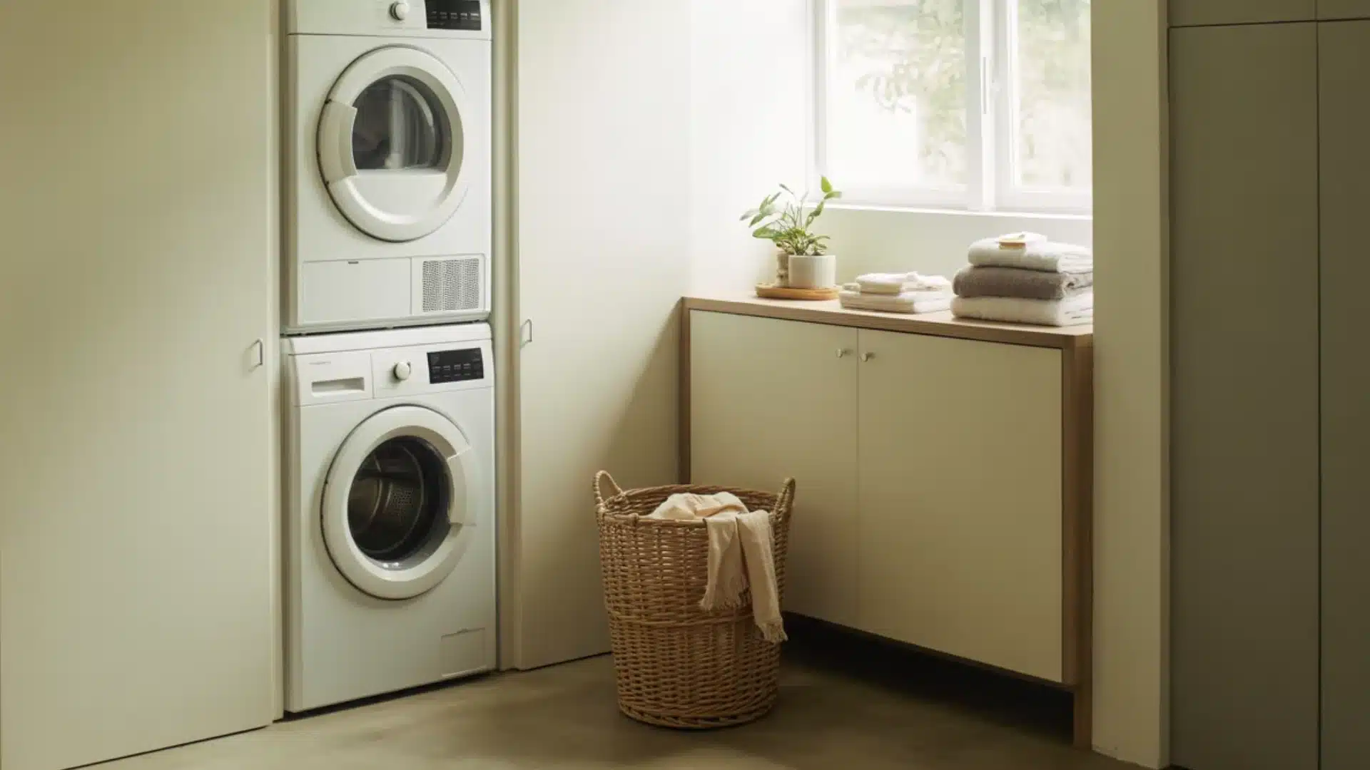 Stacked white washer and dryer in a bright laundry nook next to a small cream cabinet and a woven wicker laundry basket