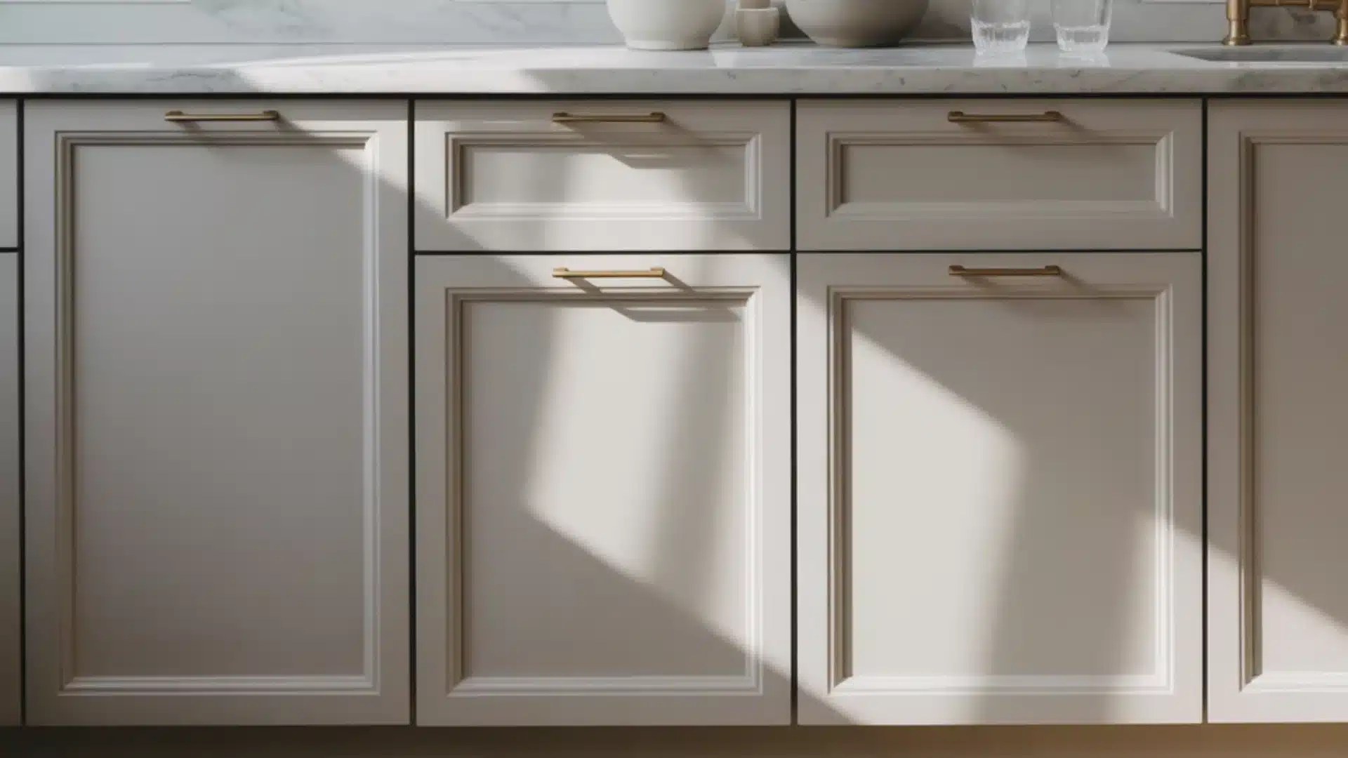 Sunlit cream kitchen cabinets with gold hardware marble countertops bowls glasses and a gold faucet in a bright room