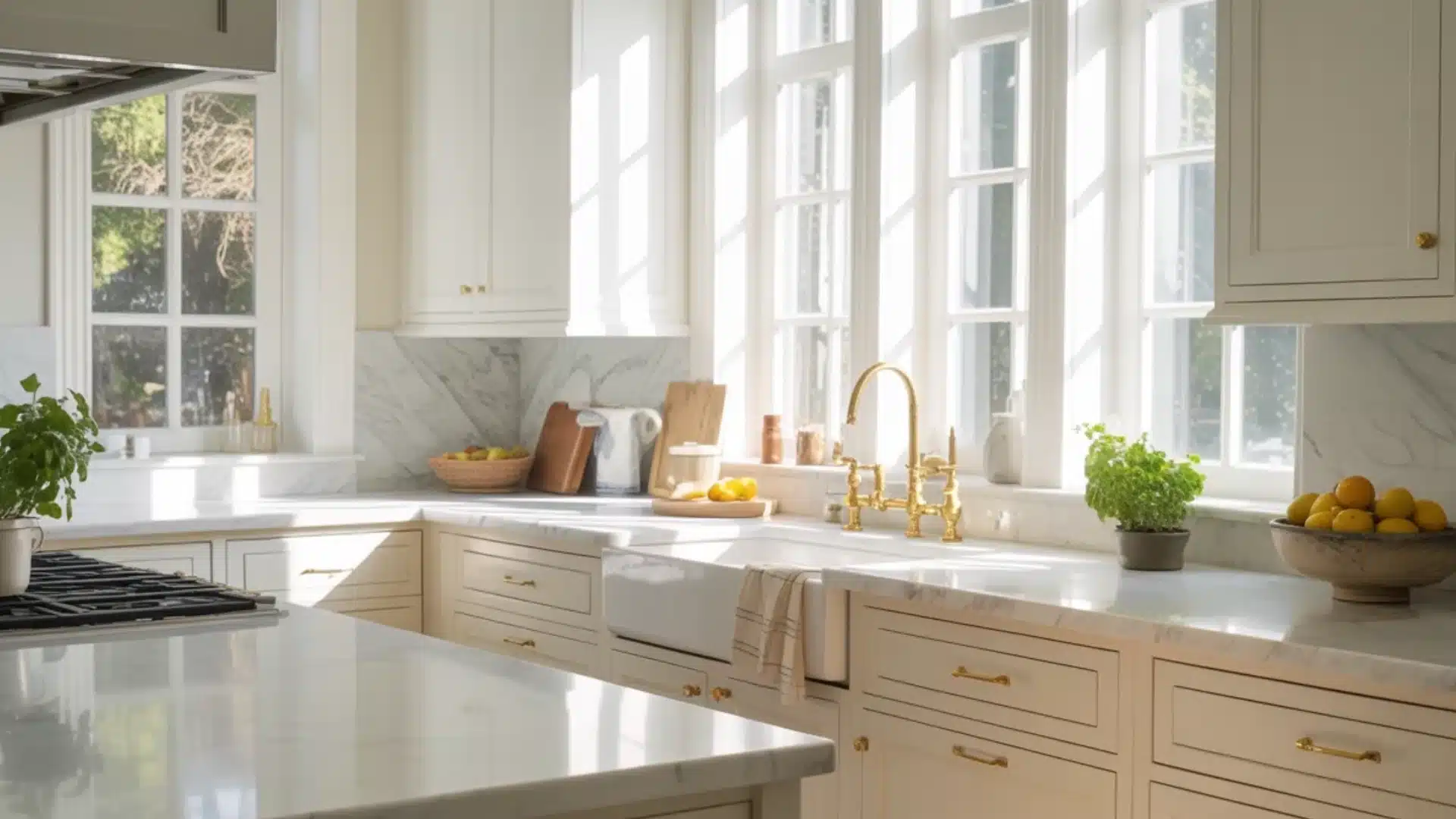 Sunlit cream kitchen with gold hardware marble counters a white apron sink gold faucet and fresh herbs by large windows