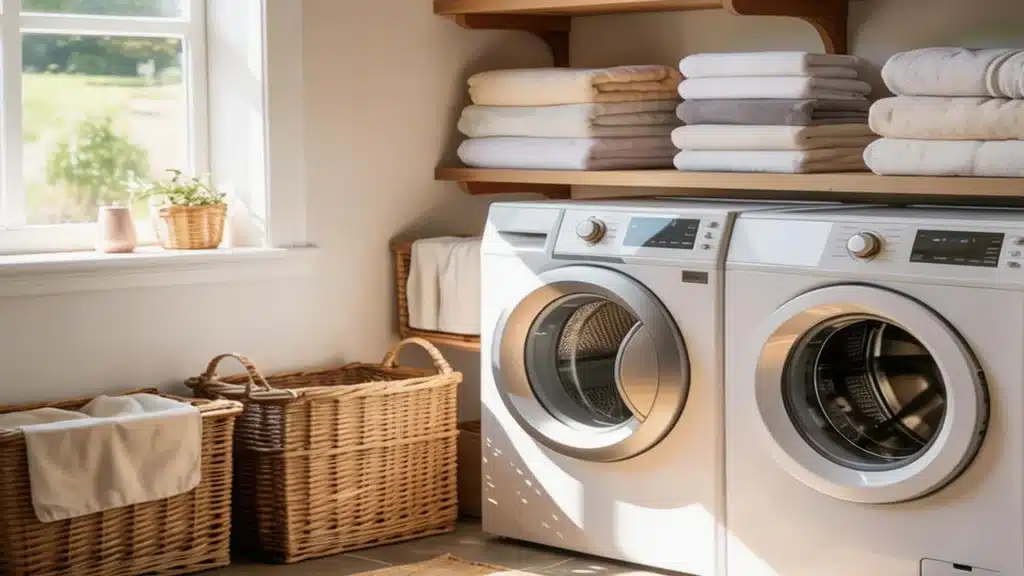 Sunlit laundry room with front load machines open shelves with folded towels and wicker baskets by a bright window sun (2)