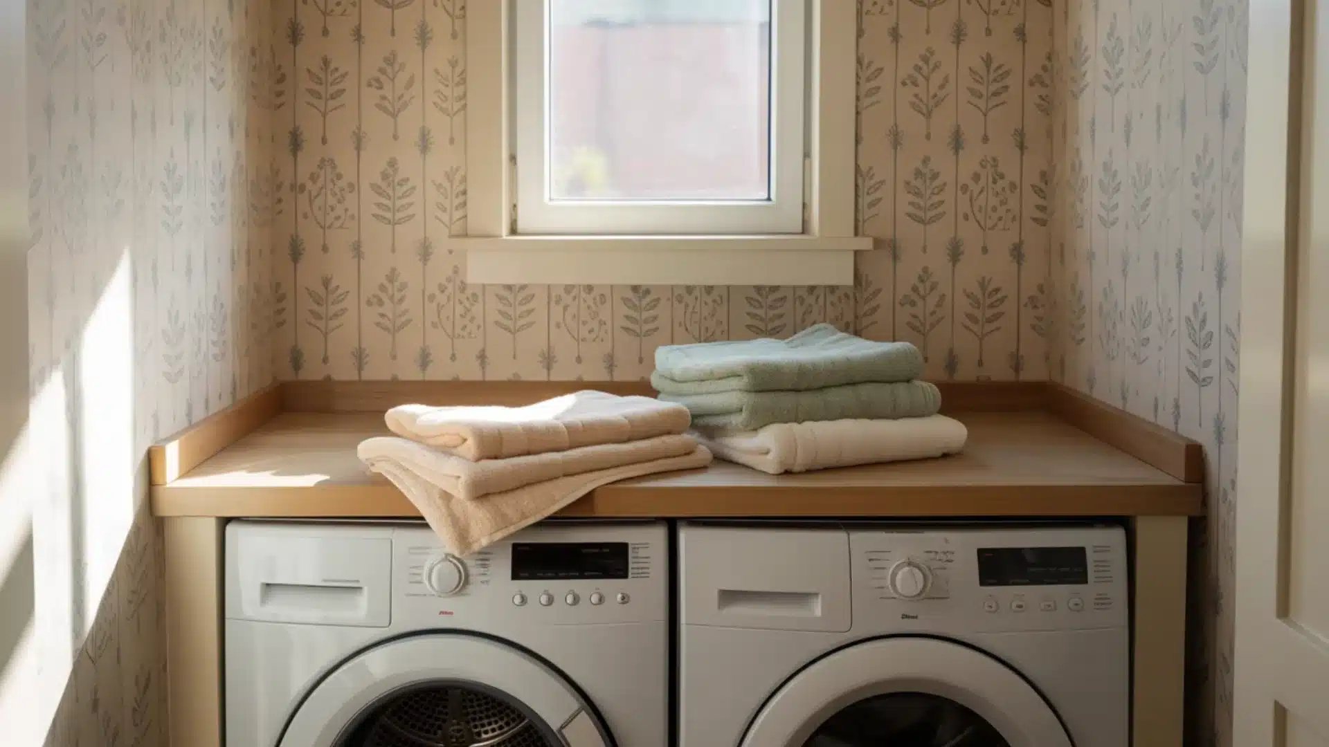 Sunlit laundry room with front load machines open shelves with folded towels and wicker baskets by a bright window sun (1) (1)