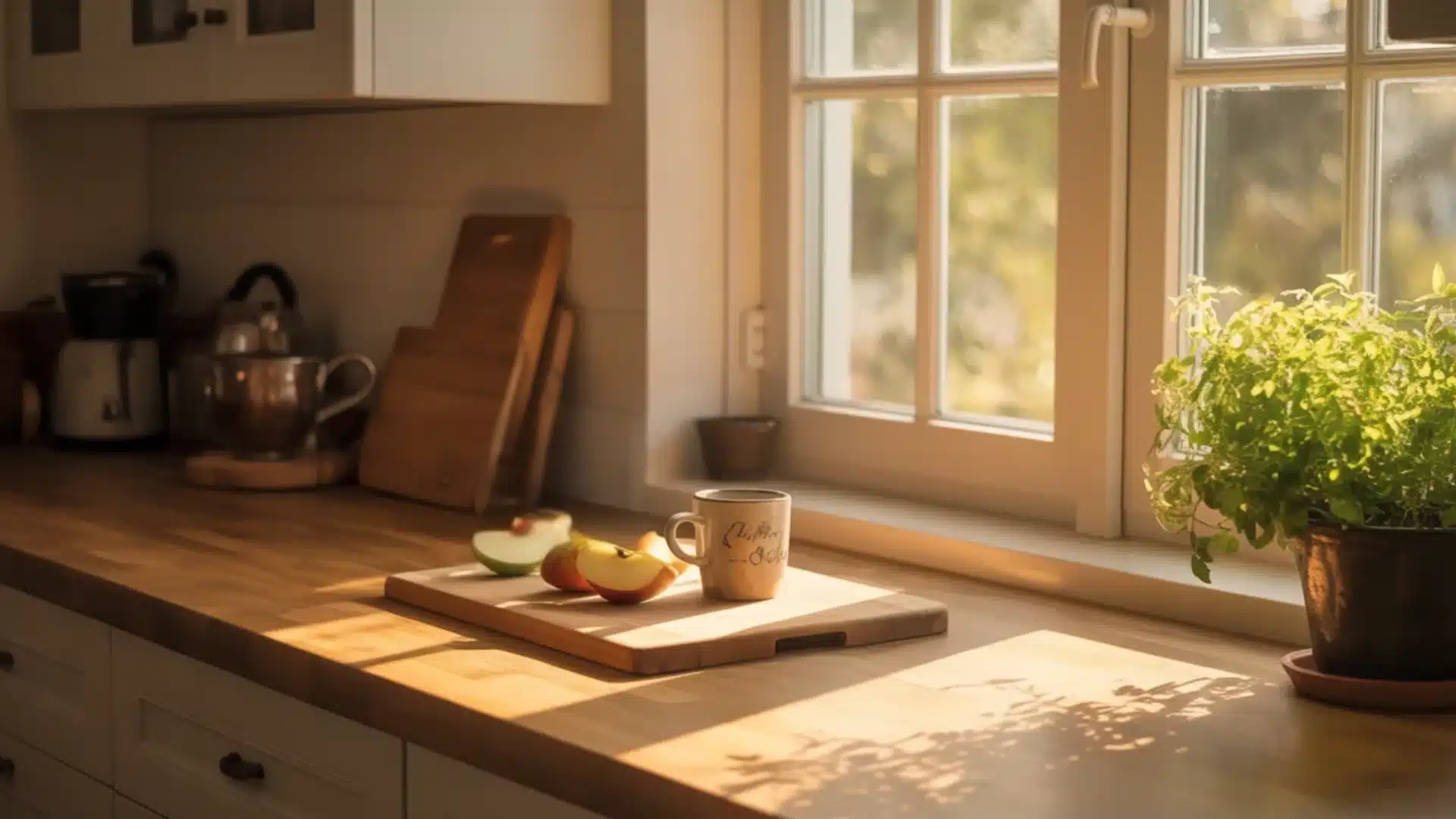 Sunlit wooden counter with apple slices on a board a mug and a potted green plant by a window in a bright cozy kitchen