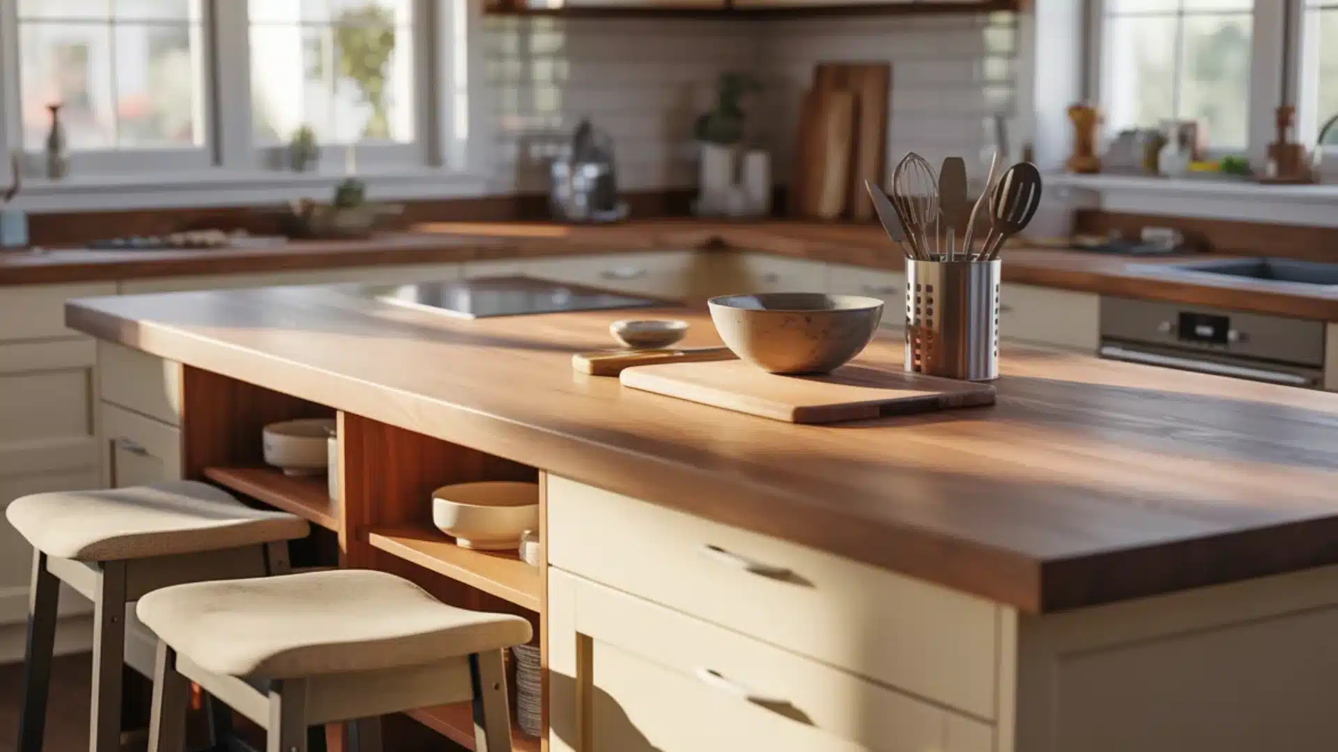Sunlit wooden kitchen island with stools and utensils on top next to cream cabinets and large windows in a warm space