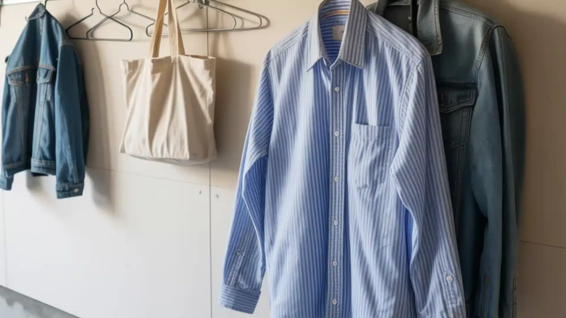 Tall wooden shelves against a light gray wall hold various cleaning bottles cardboard boxes and containers in a storage room