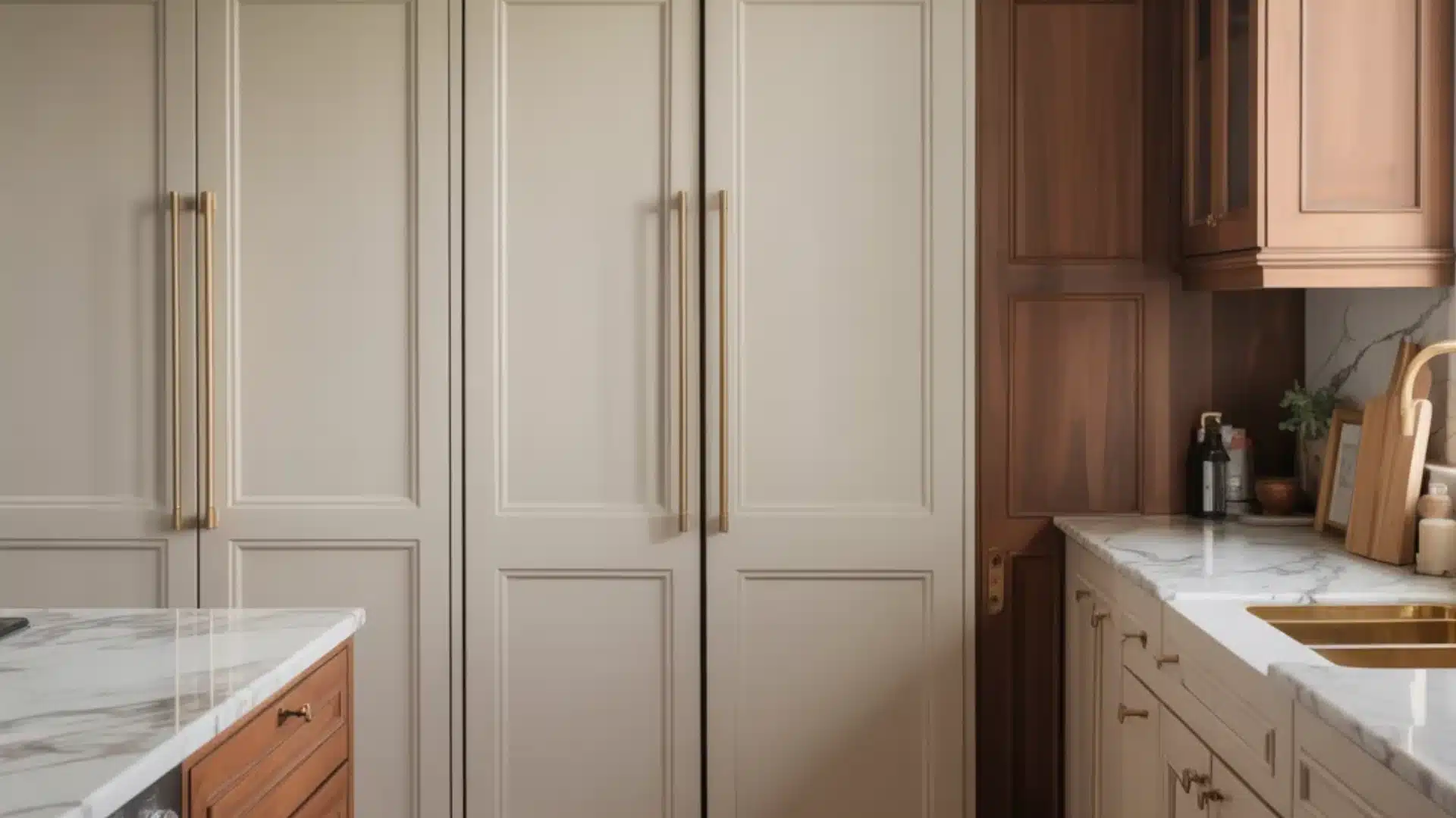 Tan kitchen cabinets with gold handles and a white marble countertop near a double gold sink and warm wood wall accents