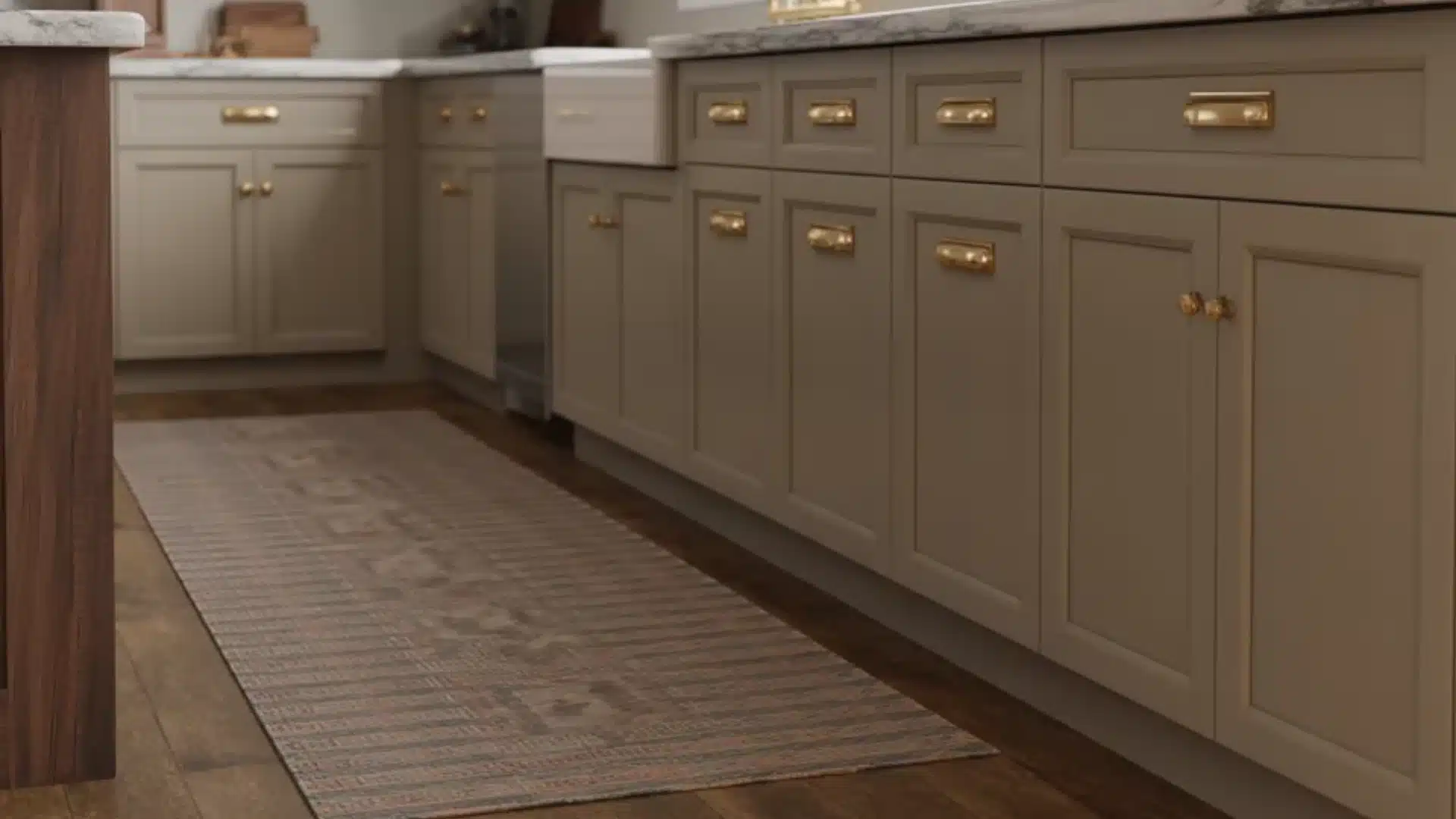 Taupe cabinets with gold pulls marble counters and a brown wood island with a patterned runner on the dark wood floor