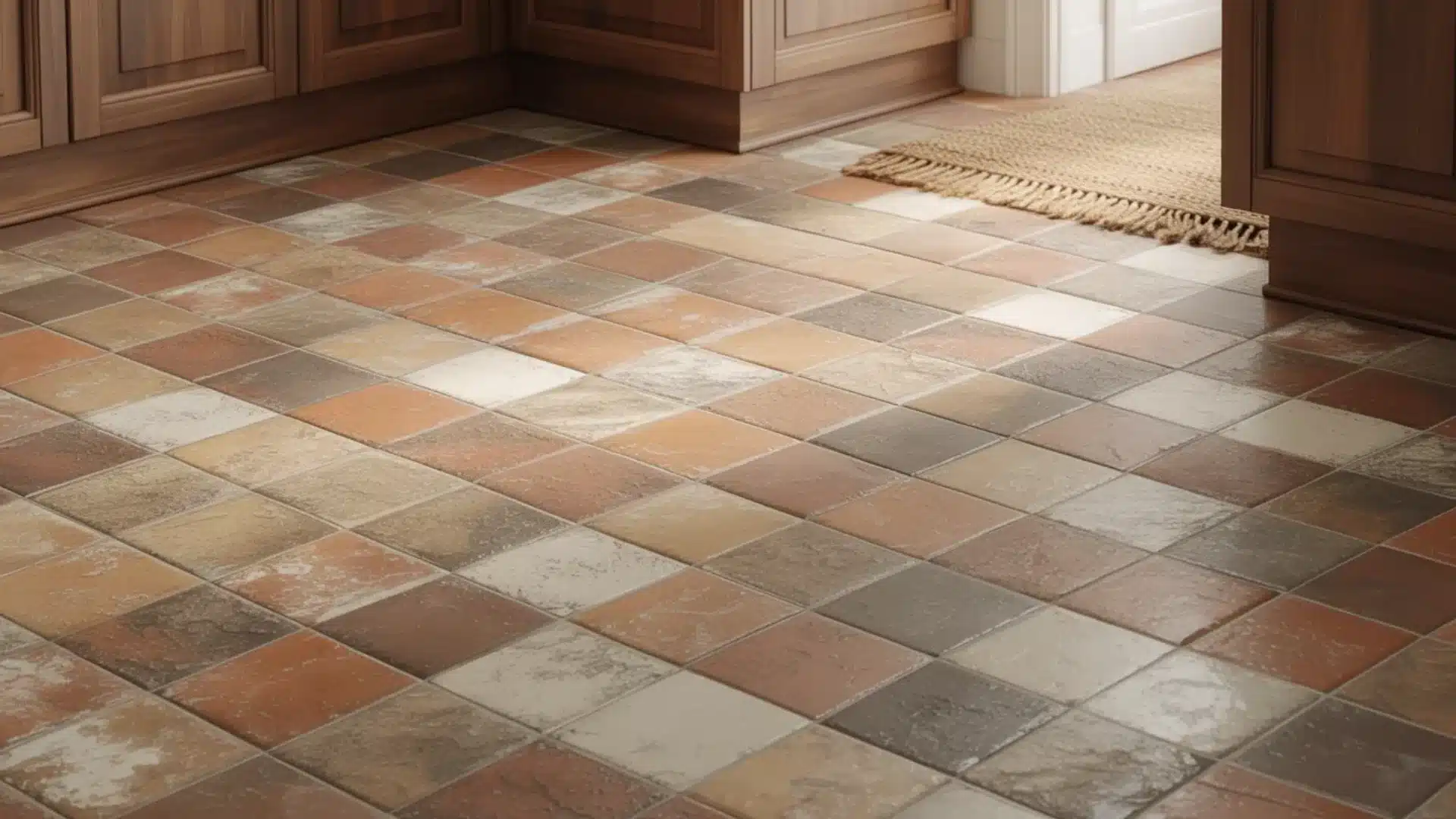 Tiled kitchen floor with square terracotta and beige stones next to wood cabinets and a fringed rug in natural sunlight