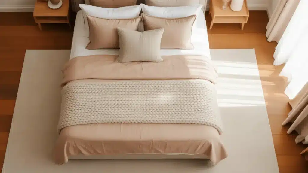 Top view of queen bed on large neutral rug, soft bedding, wooden floor, warm natural light