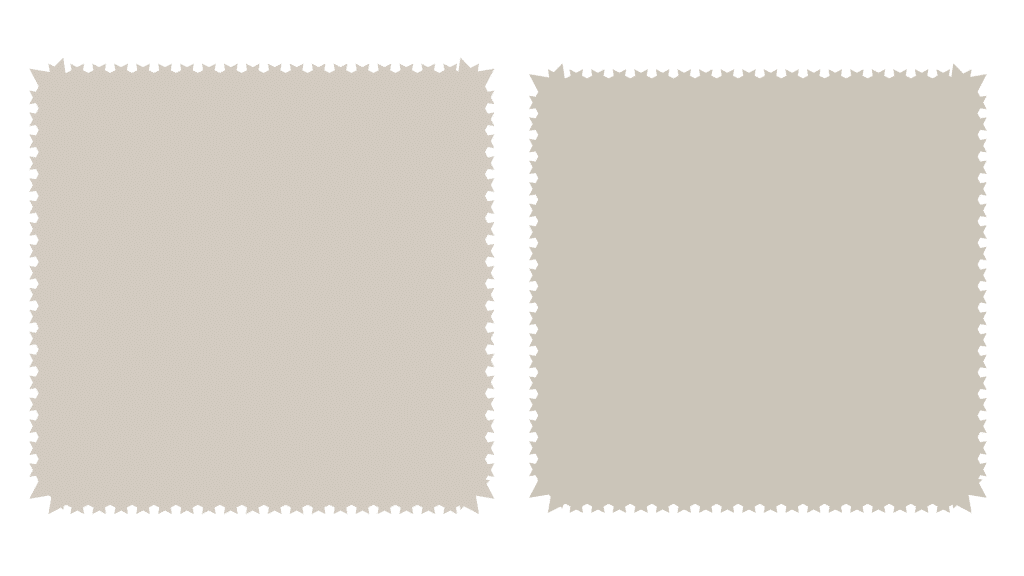 Two square swatches showing the difference between revere pewter vs agreeable gray against a white background